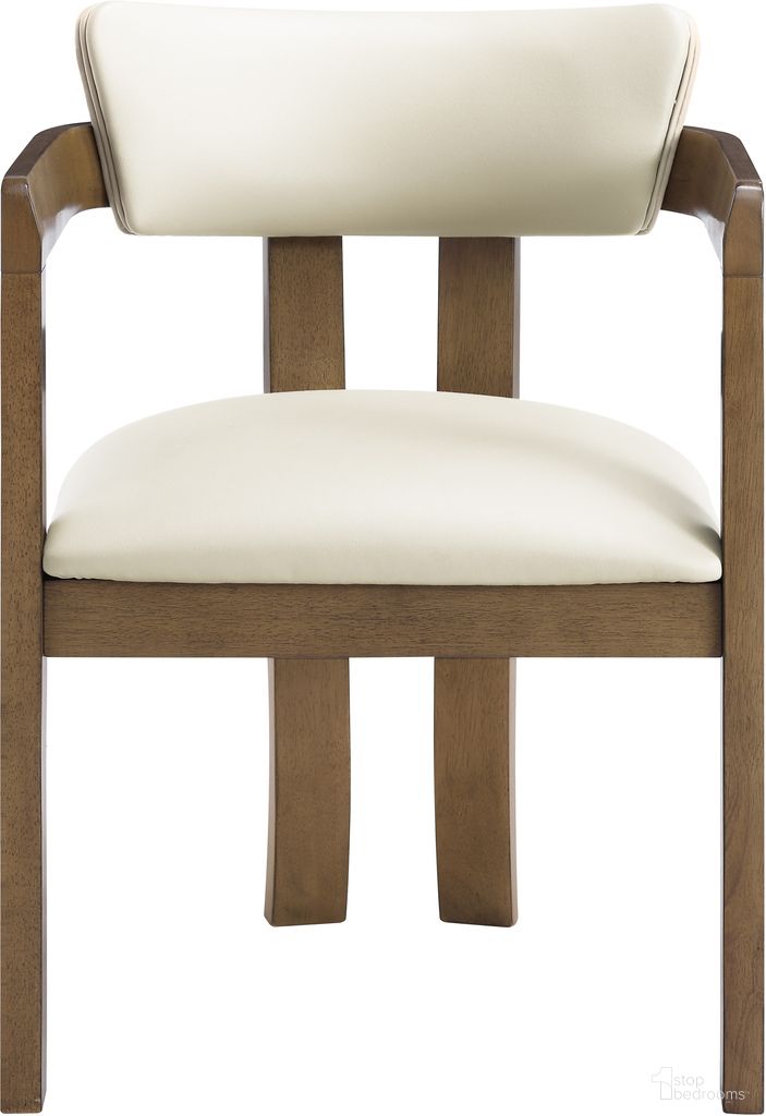 Lavrin Vegan Leather Upholstered Dining Arm Chair Set of 2 In Cream and Stained Walnut