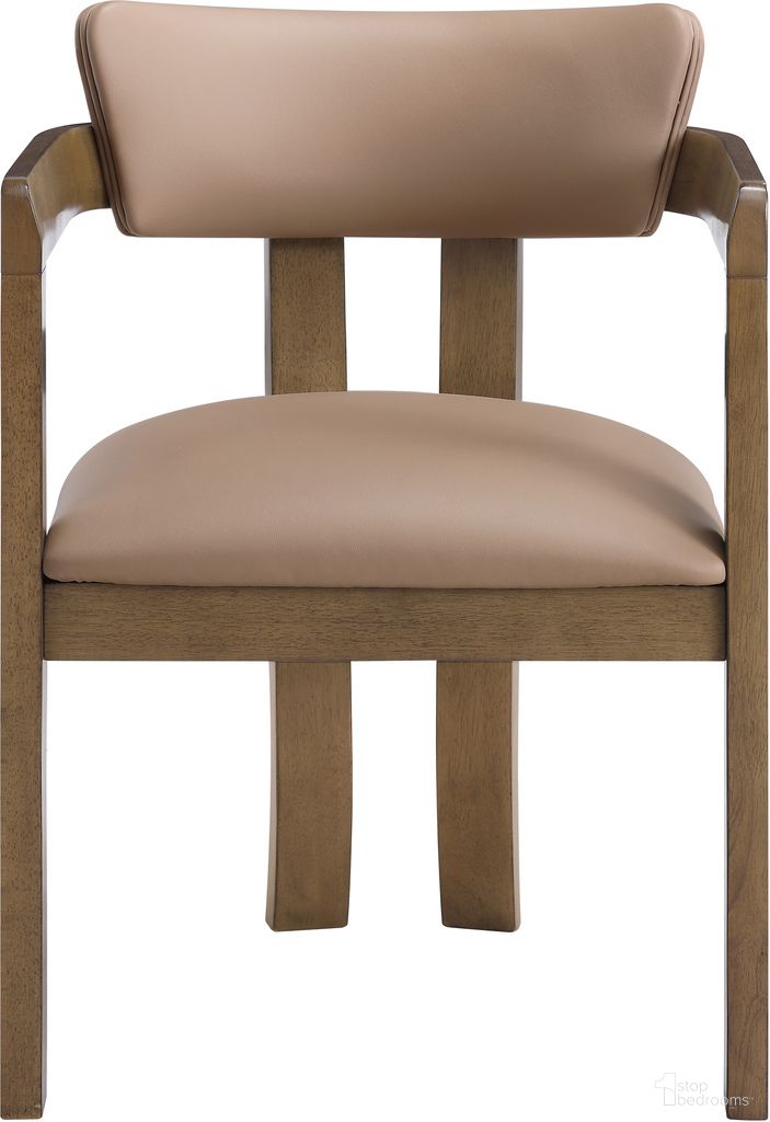The appearance of Lavrin Vegan Leather Upholstered Dining Arm Chair Set of 2 In Tan and Stained Walnut designed by Meridian in the modern / contemporary interior design. This tan/stained walnut piece of furniture was selected by 1StopBedrooms from Lavrin Collection to add a touch of cosiness and style into your home. Sku: 88061Tan-AC. Chair Type: Arm Chair. Material: Vegan Leather.