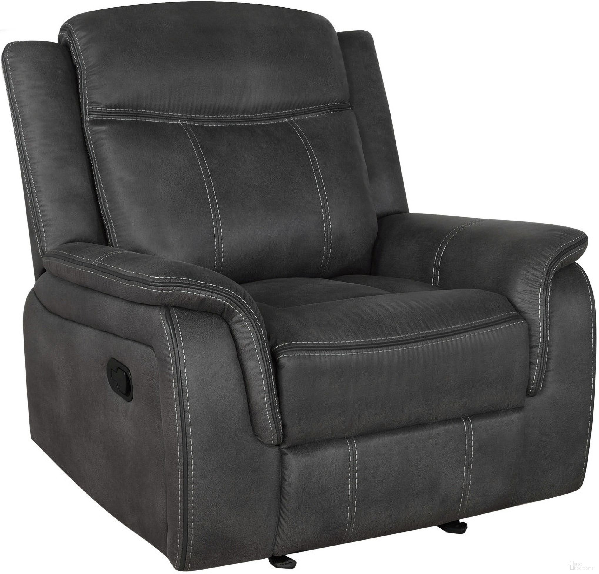 The appearance of Lawrence Upholstered Tufted Back Glider Recliner designed by Coaster in the transitional interior design. This charcoal piece of furniture was selected by 1StopBedrooms from Lawrence Collection to add a touch of cosiness and style into your home. Sku: 603506. Material: Microfiber.