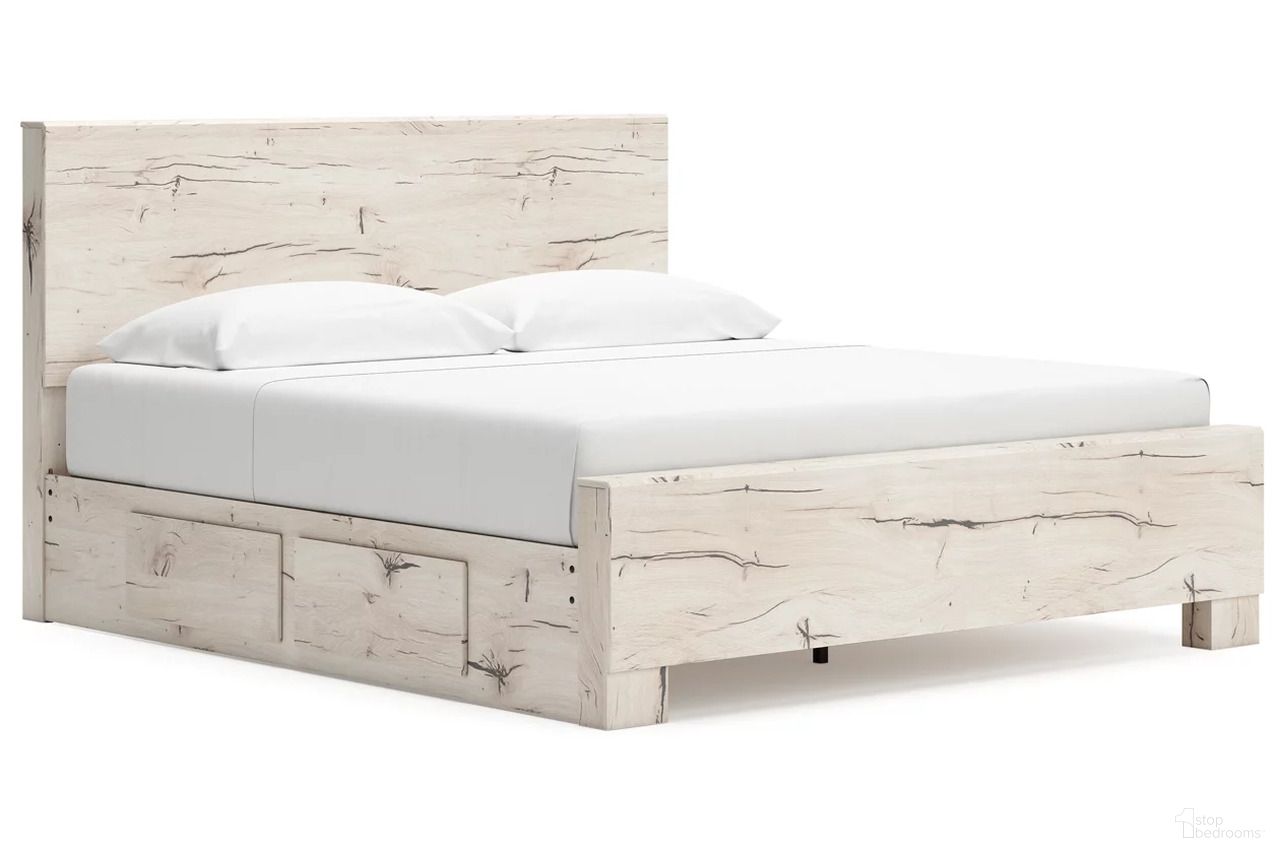 The appearance of Lawroy King Panel Bed with Storage In Light Natural designed by Signature Design by Ashley in the transitional interior design. This light natural piece of furniture was selected by 1StopBedrooms from Lawroy Collection to add a touch of cosiness and style into your home. Sku: B100-14;B2310-56;B2310-58;B2310-60;B2310-95. Bed Type: Panel Bed. Material: Wood. Bed Size: King.