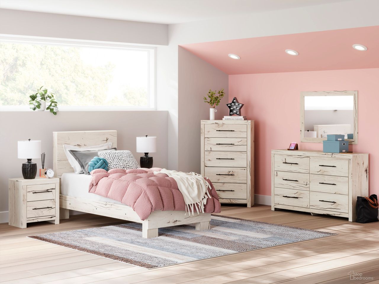 The appearance of Lawroy Youth Bedroom Set In Light Natural designed by Signature Design by Ashley in the transitional interior design. This light natural piece of furniture  was selected by 1StopBedrooms from Lawroy Collection to add a touch of cosiness and style into your home. Sku: B2310-52;B2310-53;B2310-83;B2310-92. Bed Type: Panel Bed. Material: Wood. Bed Size: Twin.