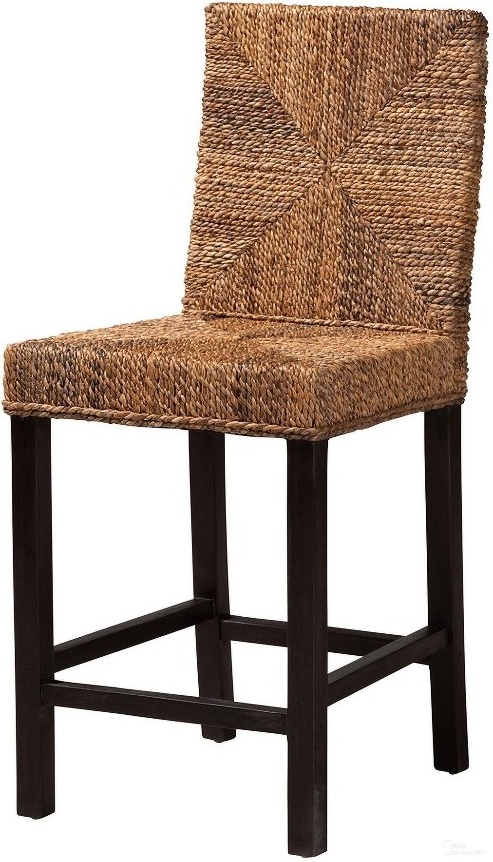 Laymi Mahogany Wood and Seagrass Counter Stool In Dark Brown