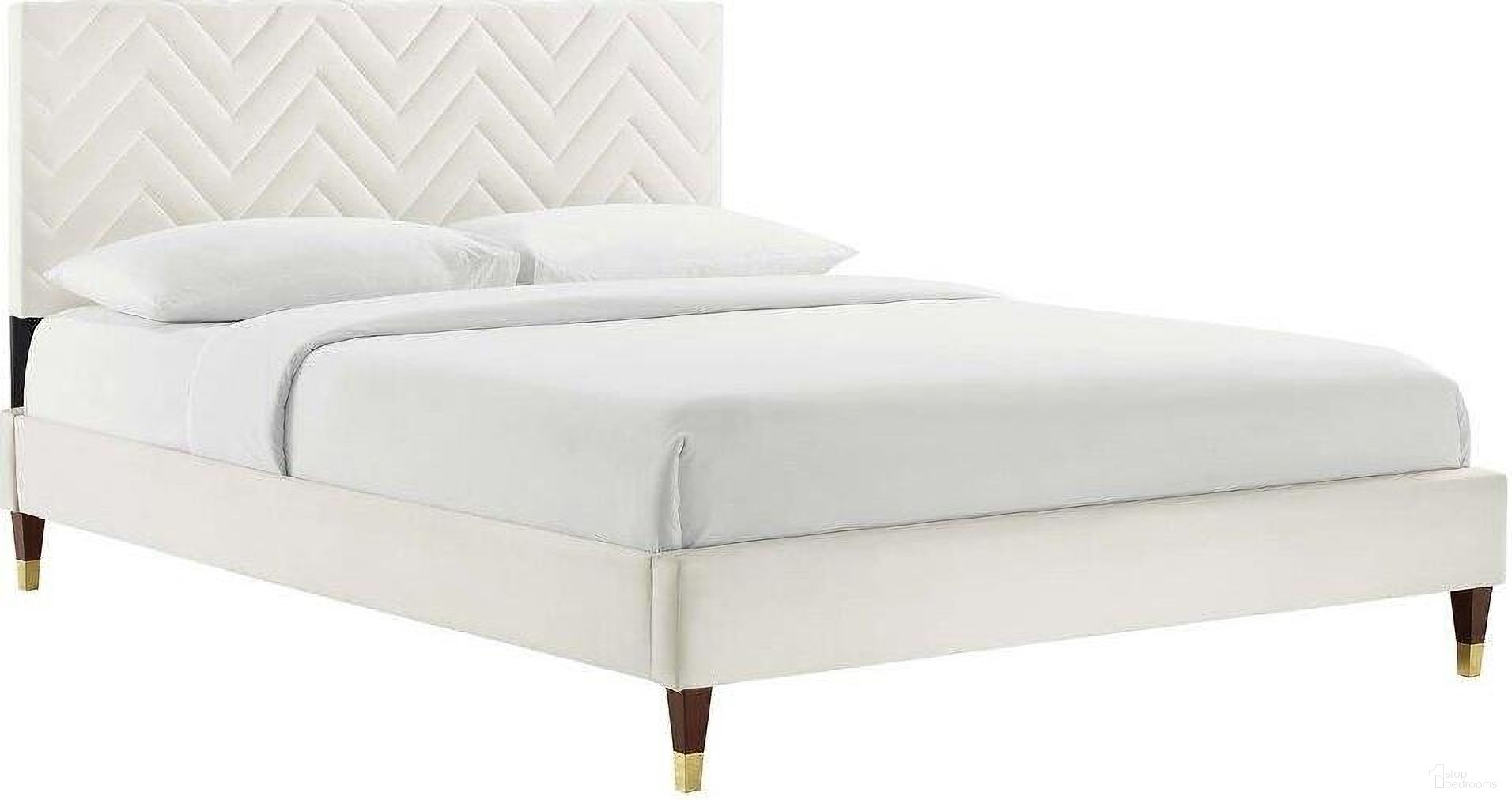 The appearance of Leah Chevron Tufted Performance Velvet Queen Platform Bed In White MOD-6969-WHI designed by Modway in the transitional interior design. This white piece of furniture  was selected by 1StopBedrooms from Leah Collection to add a touch of cosiness and style into your home. Sku: MOD-6270-WHI;MOD-6659-WHI. Bed Type: Platform Bed. Bed Size: Queen. Material: Plywood.