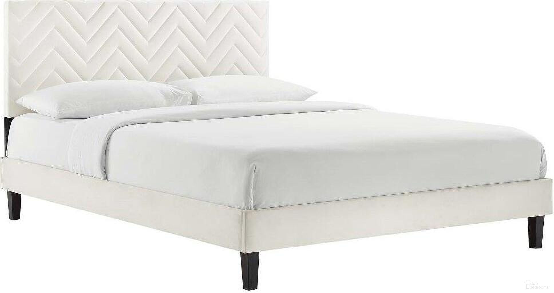The appearance of Leah Chevron Tufted Performance Velvet Queen Platform Bed In White MOD-6973-WHI designed by Modway in the transitional interior design. This white piece of furniture was selected by 1StopBedrooms from Leah Collection to add a touch of cosiness and style into your home. Sku: MOD-6266-WHI;MOD-6659-WHI. Bed Type: Platform Bed. Material: Fabric. Bed Size: Queen.