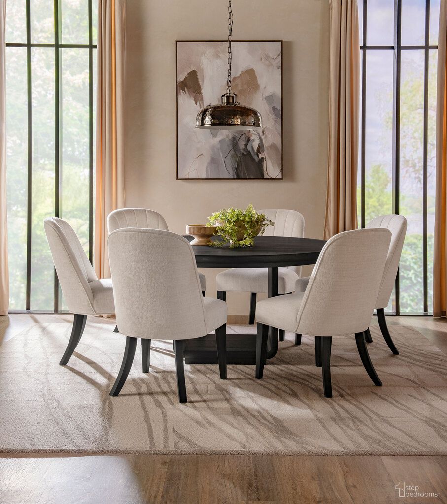 The appearance of Leandro Round Dining Room Set In Burnished Black designed by Coaster in the modern / contemporary interior design. This burnished black piece of furniture was selected by 1StopBedrooms from Leandro Collection to add a touch of cosiness and style into your home. Sku: 115390;115392. Table Top Shape: Round. Size: 59". Material: Ash Veneer.