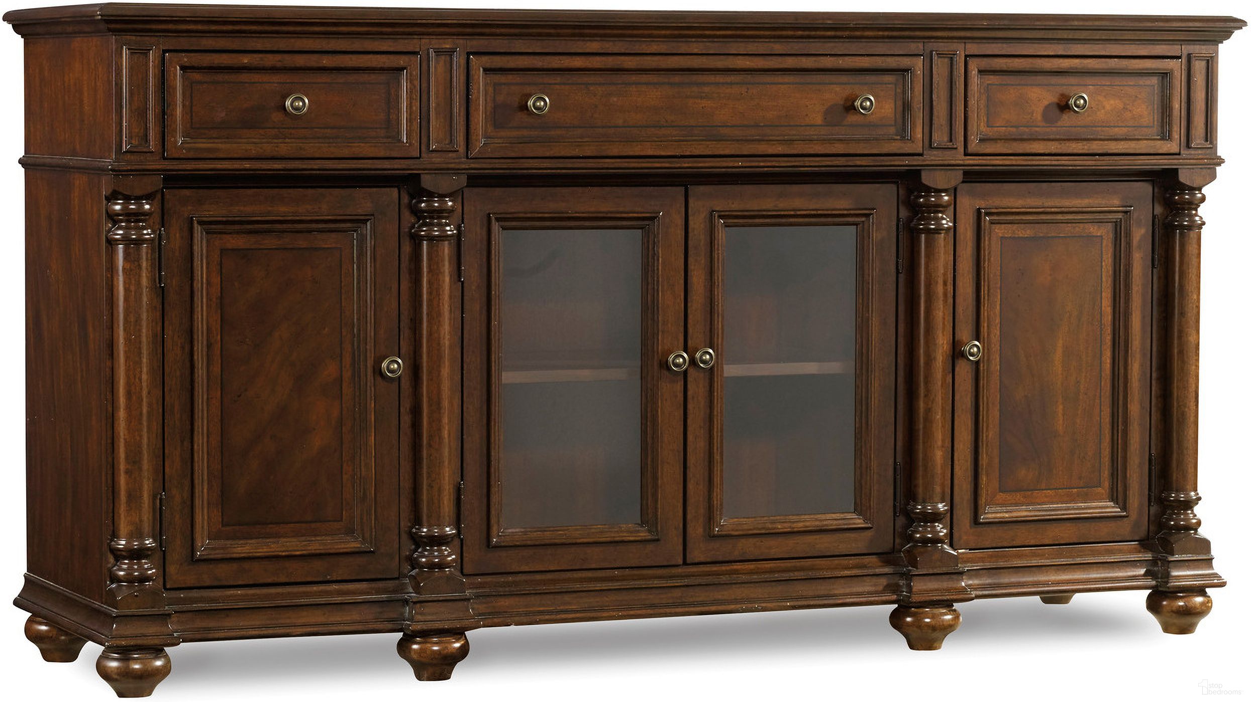 The appearance of Leesburg Dark Wood Buffet designed by Hooker in the traditional interior design. This dark wood piece of furniture was selected by 1StopBedrooms from Leesburg Collection to add a touch of cosiness and style into your home. Sku: 5381-75900. Material: Mahogany.