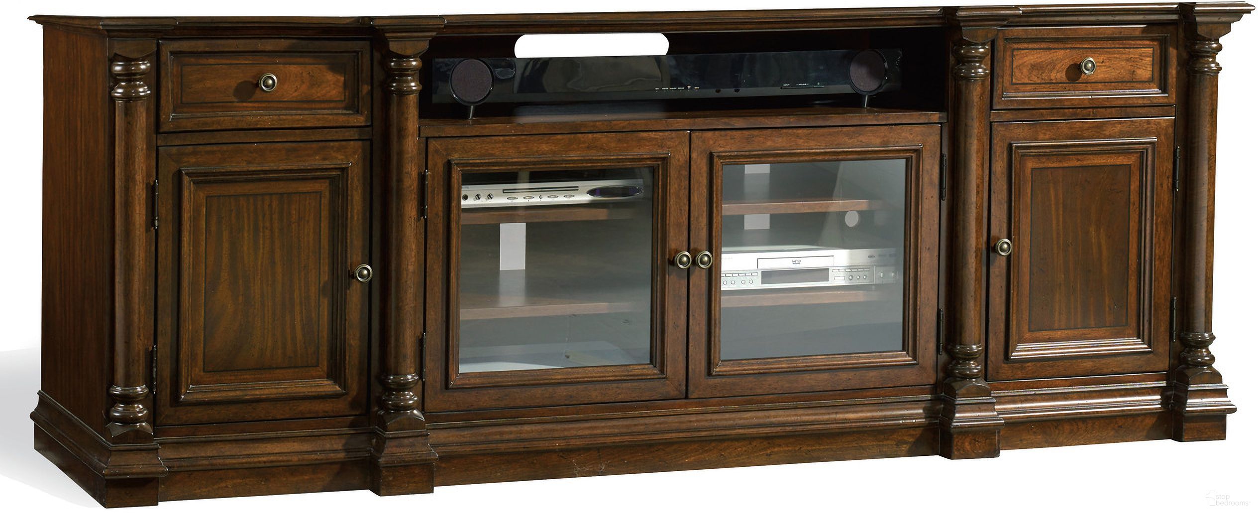 The appearance of Leesburg Dark Wood Entertainment Console designed by Hooker in the traditional interior design. This dark wood piece of furniture was selected by 1StopBedrooms from Leesburg Collection to add a touch of cosiness and style into your home. Sku: 5381-55484. Material: Mahogany.