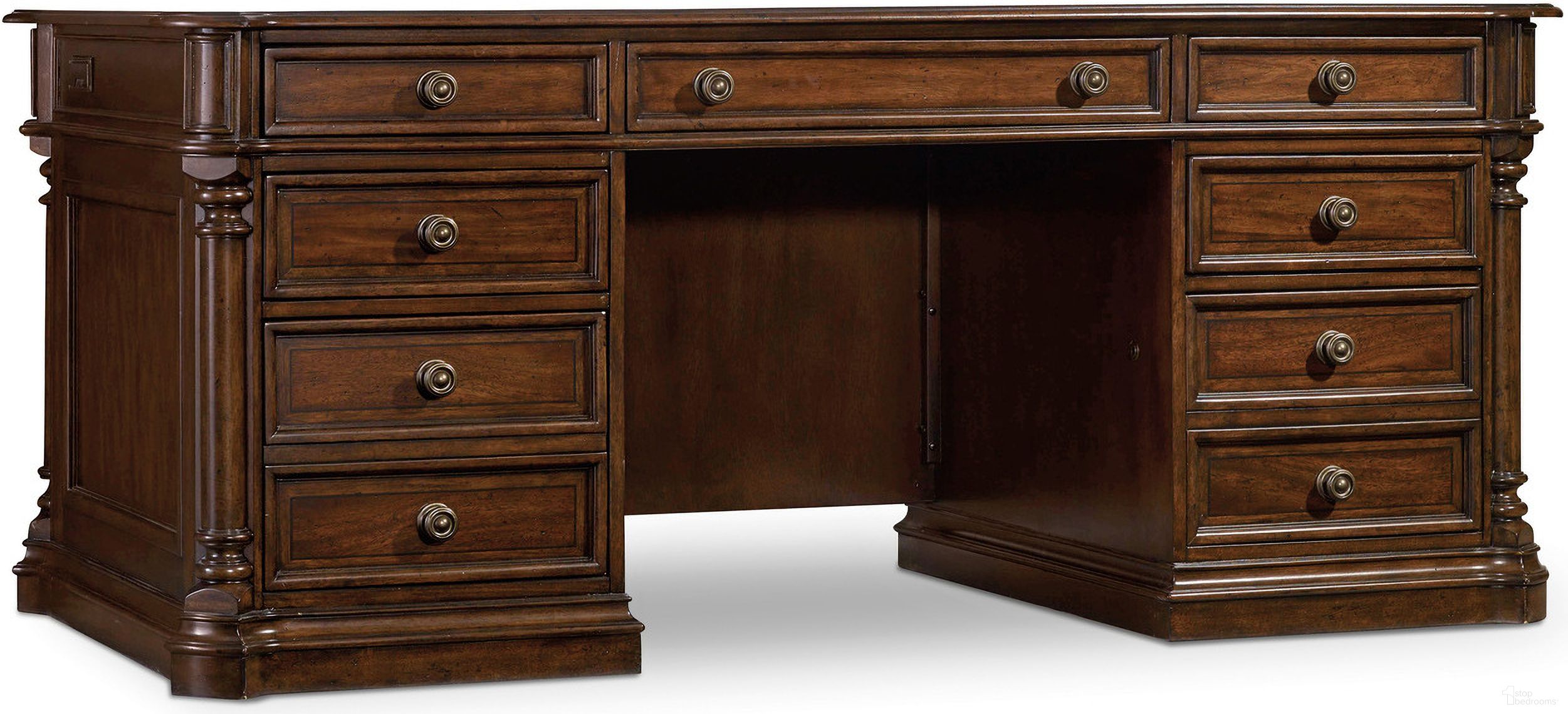 The appearance of Leesburg Dark Wood Executive Desk designed by Hooker in the traditional interior design. This dark wood piece of furniture was selected by 1StopBedrooms from Leesburg Collection to add a touch of cosiness and style into your home. Sku: 5381-10562. Material: Mahogany.