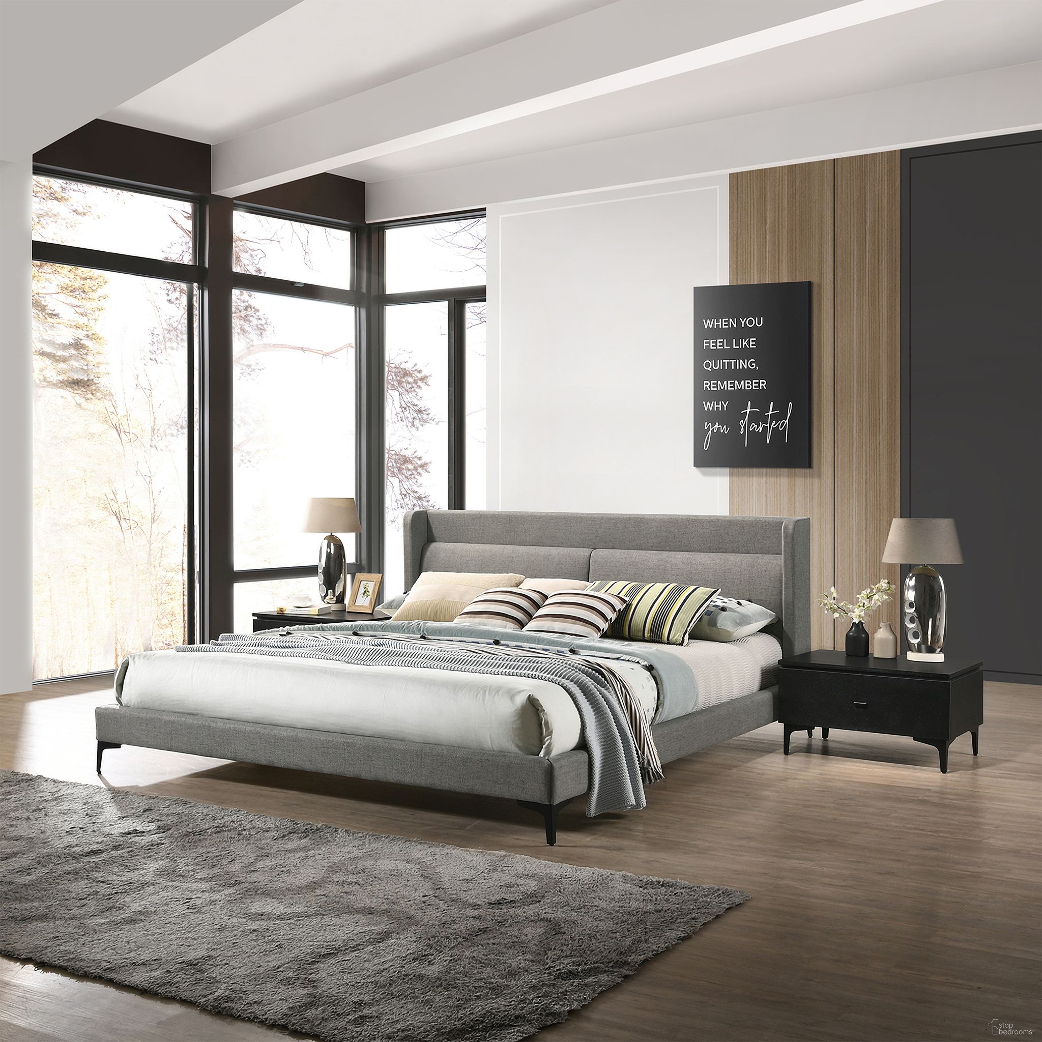 The appearance of Legend 3-Piece Gray Fabric King Platform Bed and Nightstands Bedroom Set designed by Armen Living in the modern / contemporary interior design. This gray piece of furniture was selected by 1StopBedrooms from Legend Collection to add a touch of cosiness and style into your home. Sku: LCLEBDCHKGBX1;LCLEBDCHKGBX2;LCLELABL;LCLELABL. Bed Type: Platform Bed. Bed Size: King. Material: MDF.