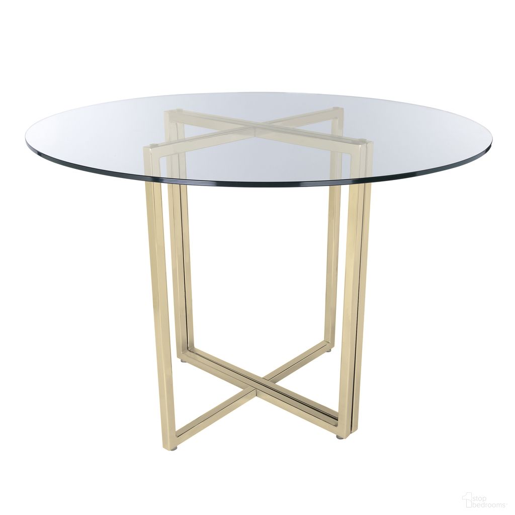 The appearance of Legend 36 Inch Round Table In Clear and Matte Brushed Gold designed by Euro Style in the modern / contemporary interior design. This clear/matte brushed gold piece of furniture  was selected by 1StopBedrooms from Glass Top Collection to add a touch of cosiness and style into your home. Sku: 02980-CLR;81049MBG. Table Base Style: Trestle. Table Top Shape: Round. Material: Glass. Size: 36".