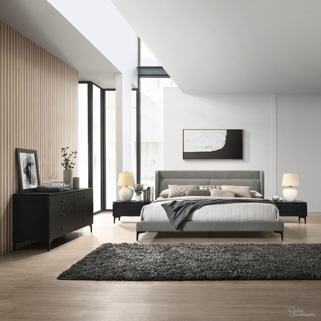 The appearance of Legend 4-Piece Gray Fabric King Platform Bedroom Set with Dresser and Nightstands designed by Armen Living in the modern / contemporary interior design. This gray piece of furniture was selected by 1StopBedrooms from Legend Collection to add a touch of cosiness and style into your home. Sku: LCLEBDCHKGBX1;LCLEBDCHKGBX2;LCLEDRBL;LCLELABL;LCLELABL. Bed Type: Platform Bed. Bed Size: King. Material: MDF.