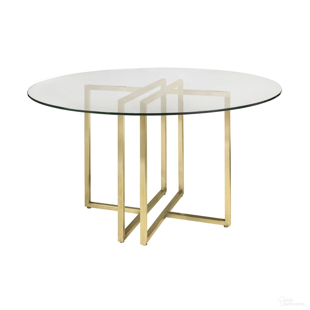 The appearance of Legend 48 Inch Round Table In Clear and Matte Brushed Gold designed by Euro Style in the modern / contemporary interior design. This clear/matte brushed gold piece of furniture  was selected by 1StopBedrooms from Glass Top Collection to add a touch of cosiness and style into your home. Sku: 02984-CLR;81049MBG. Table Base Style: Trestle. Table Top Shape: Round. Material: Glass. Size: 48".