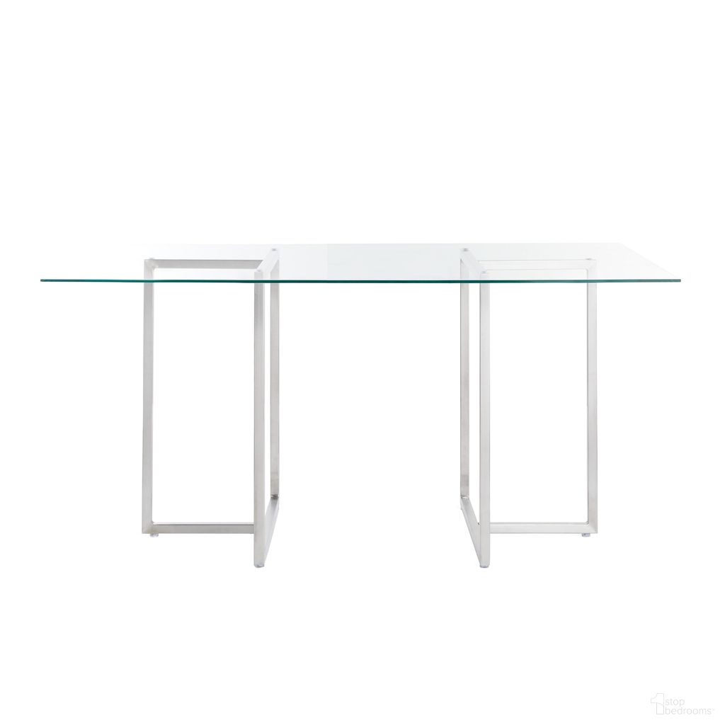 The appearance of Legend 48x29 Rectangular Table In Clear and Brushed Stainless Steel designed by Euro Style in the modern / contemporary interior design. This clear/brushed stainless steel piece of furniture  was selected by 1StopBedrooms from Glass Top Collection to add a touch of cosiness and style into your home. Sku: 82948-CLR;81042SS. Table Base Style: Double Pedestal. Material: Glass. Table Top Shape: Rectangular. Size: 29" x 48".