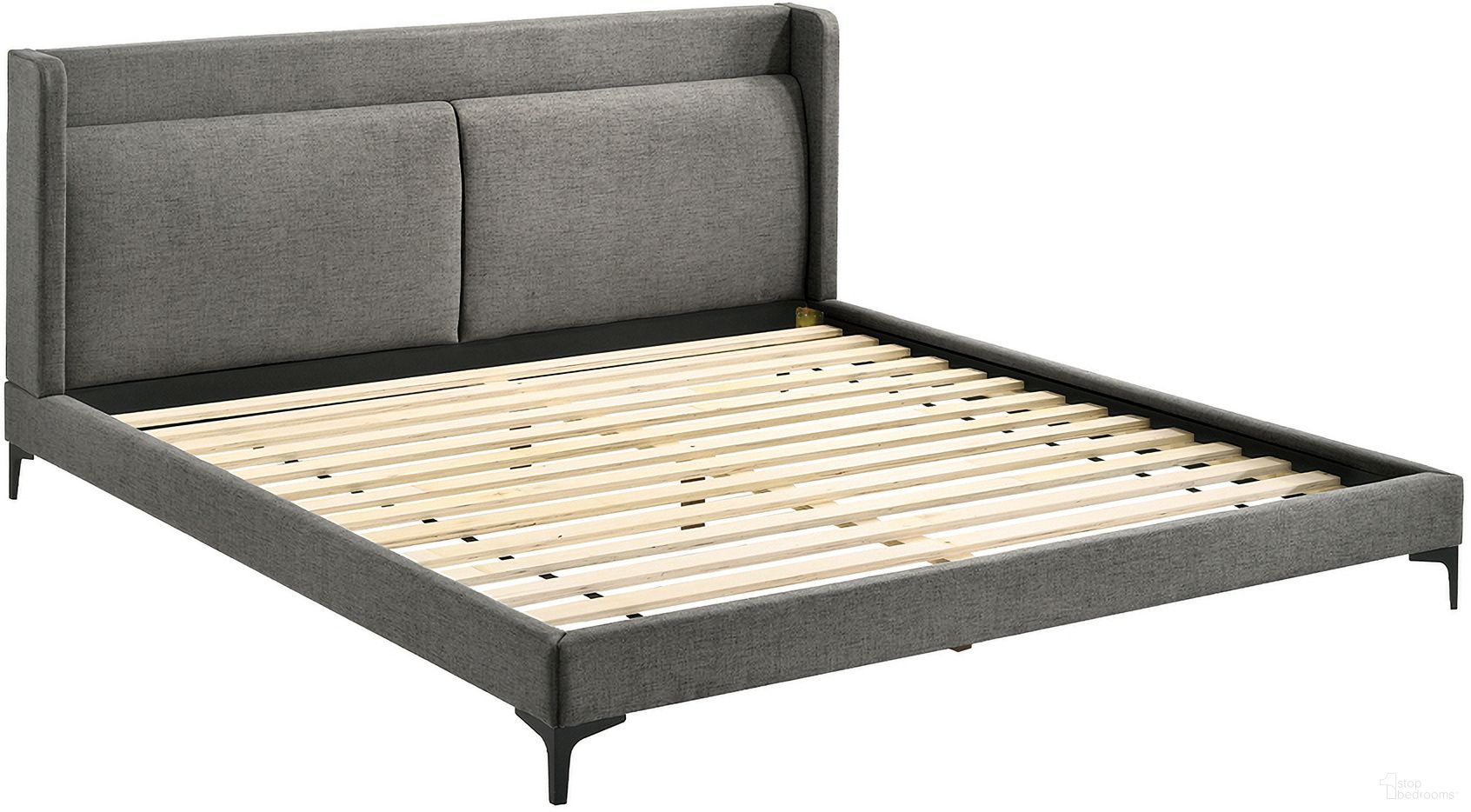 The appearance of Legend Gray Fabric King Platform Bed with Black Metal Legs designed by Armen Living in the modern / contemporary interior design. This gray piece of furniture  was selected by 1StopBedrooms from Legend Collection to add a touch of cosiness and style into your home. Sku: LCLEBDCHKGBX1;LCLEBDCHKGBX2. Bed Type: Platform Bed. Bed Size: King. Material: MDF.