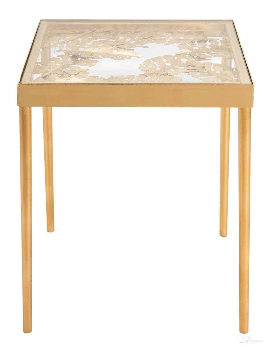 The appearance of Leilani Palm Leaf Side Table in Gold designed by Safavieh in the modern / contemporary interior design. This gold piece of furniture  was selected by 1StopBedrooms from Leilani Collection to add a touch of cosiness and style into your home. Sku: ACC2500A. Material: Metal/Glass.