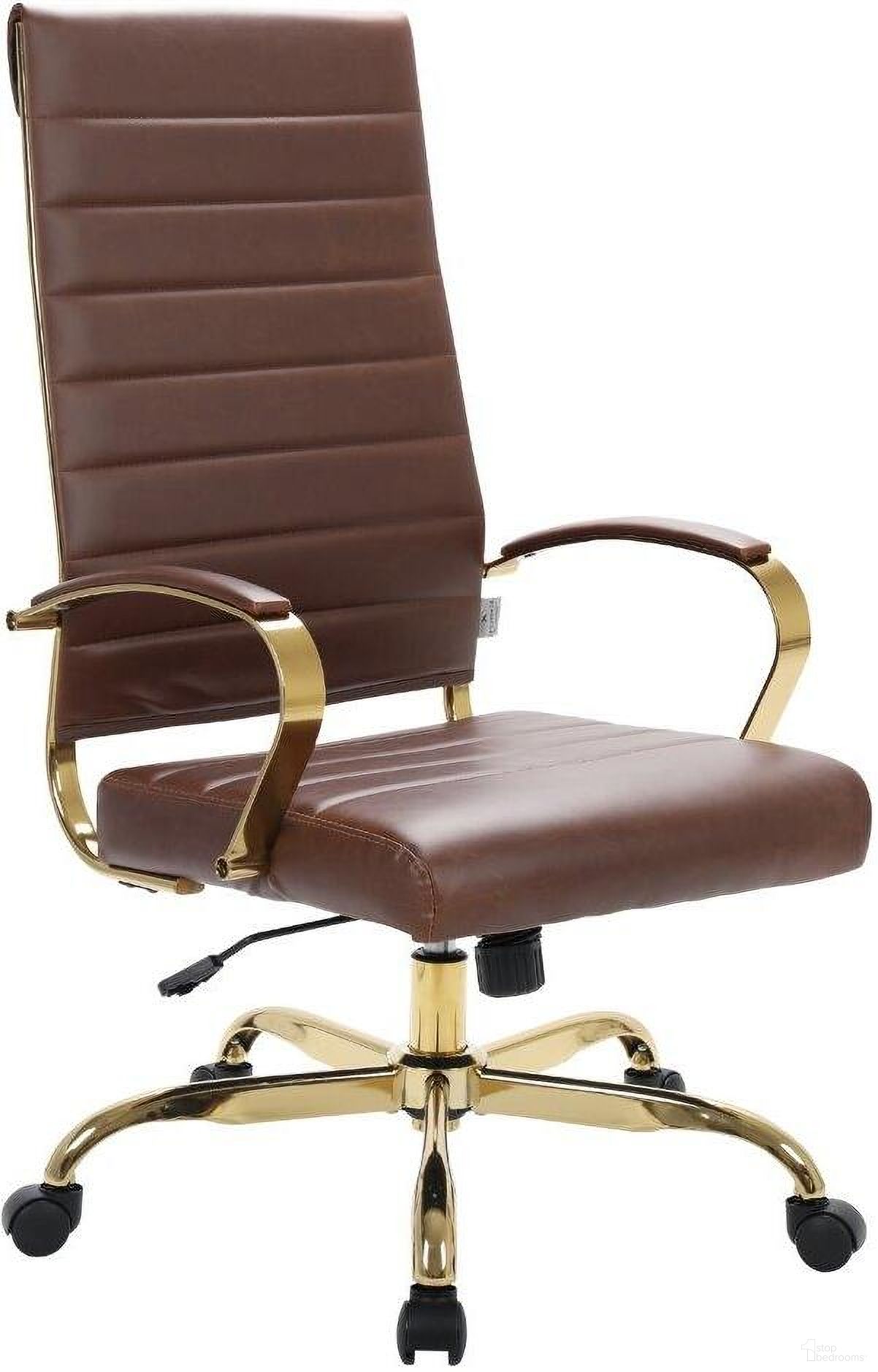 The appearance of Benmar High-Back Leather Office Chair With Gold Frame In Brown designed by LeisureMod in the modern / contemporary interior design. This brown piece of furniture was selected by 1StopBedrooms from Benmar Collection to add a touch of cosiness and style into your home. Sku: BOTG19BRL. Material: Leather.