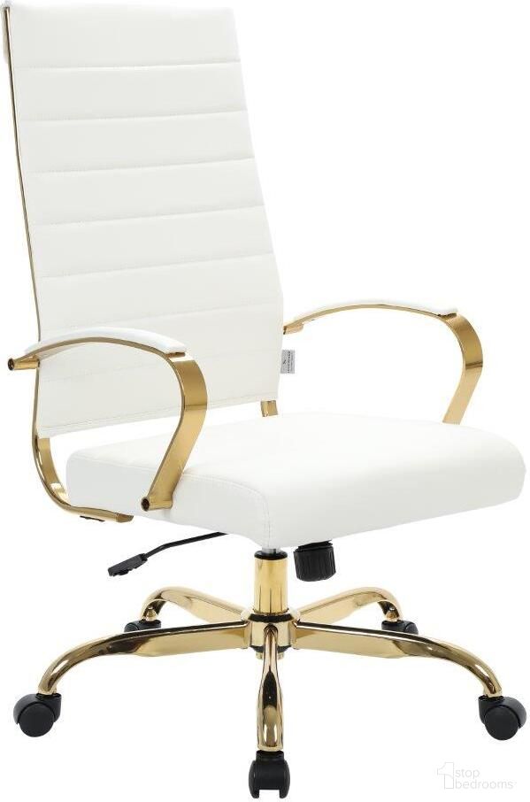 The appearance of Leisuremod Benmar High-Back Leather Office Chair With Gold Frame BOTG19WL designed by LeisureMod in the modern / contemporary interior design. This white piece of furniture  was selected by 1StopBedrooms from Benmar Collection to add a touch of cosiness and style into your home. Sku: BOTG19WL. Material: Leather.