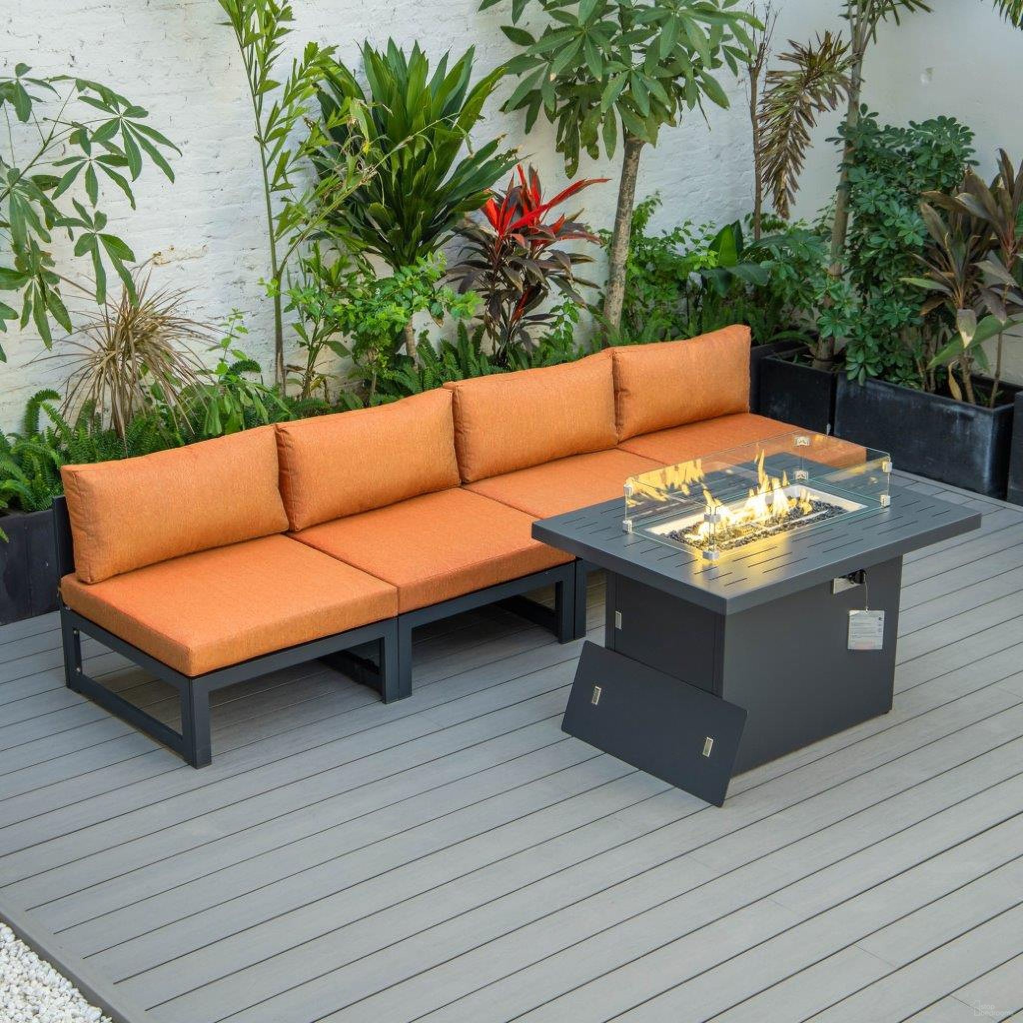 The appearance of LeisureMod Chelsea 5-Piece Middle Patio Chairs and Fire Pit Table Set Black Aluminum With Cushions In Orange designed by LeisureMod in the modern / contemporary interior design. This orange piece of furniture  was selected by 1StopBedrooms from Chelsea Collection to add a touch of cosiness and style into your home. Sku: CSFBL-4OR. Material: Aluminum.