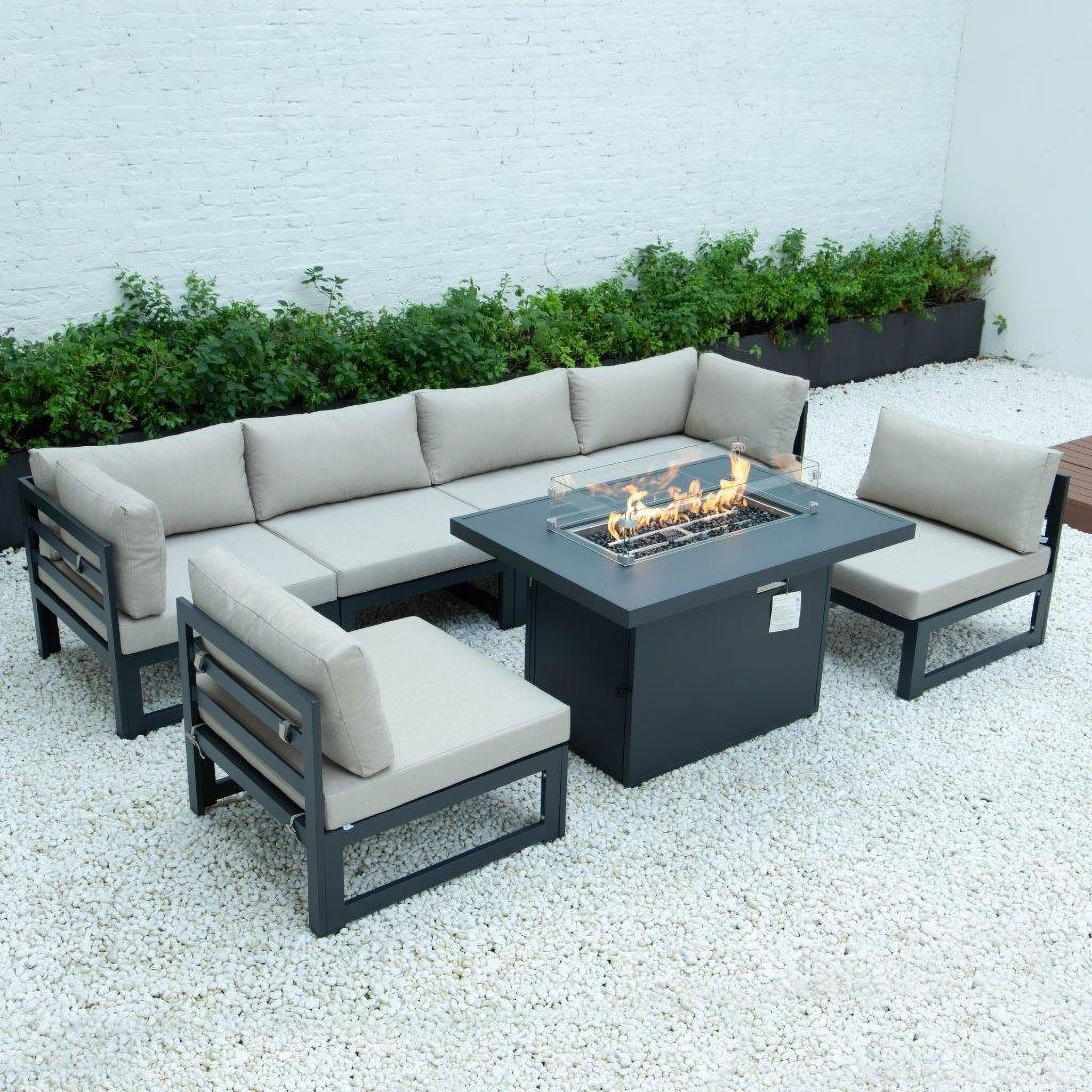 The appearance of Chelsea 7-Piece Patio Sectional And Fire Pit Table In Beige designed by LeisureMod in the modern / contemporary interior design. This beige piece of furniture  was selected by 1StopBedrooms from Chelsea Collection to add a touch of cosiness and style into your home. Sku: CSFBL-7BG. Material: Aluminum.