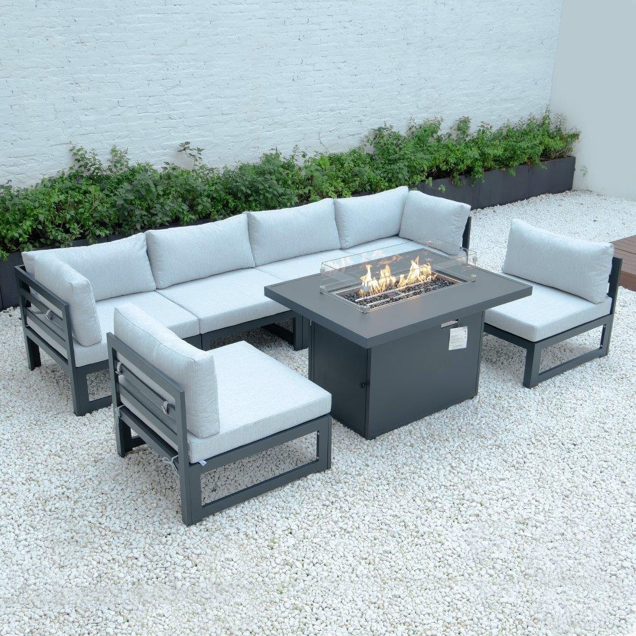 The appearance of Chelsea 7-Piece Patio Sectional And Fire Pit Table In Light Grey designed by LeisureMod in the modern / contemporary interior design. This light grey piece of furniture  was selected by 1StopBedrooms from Chelsea Collection to add a touch of cosiness and style into your home. Sku: CSFBL-7LGR. Material: Aluminum.