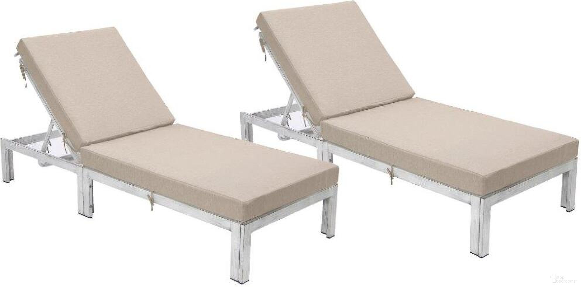 LeisureMod Chelsea Modern Outdoor Weathered Grey Chaise Lounge Chair With Cushions In Beige Set of 2