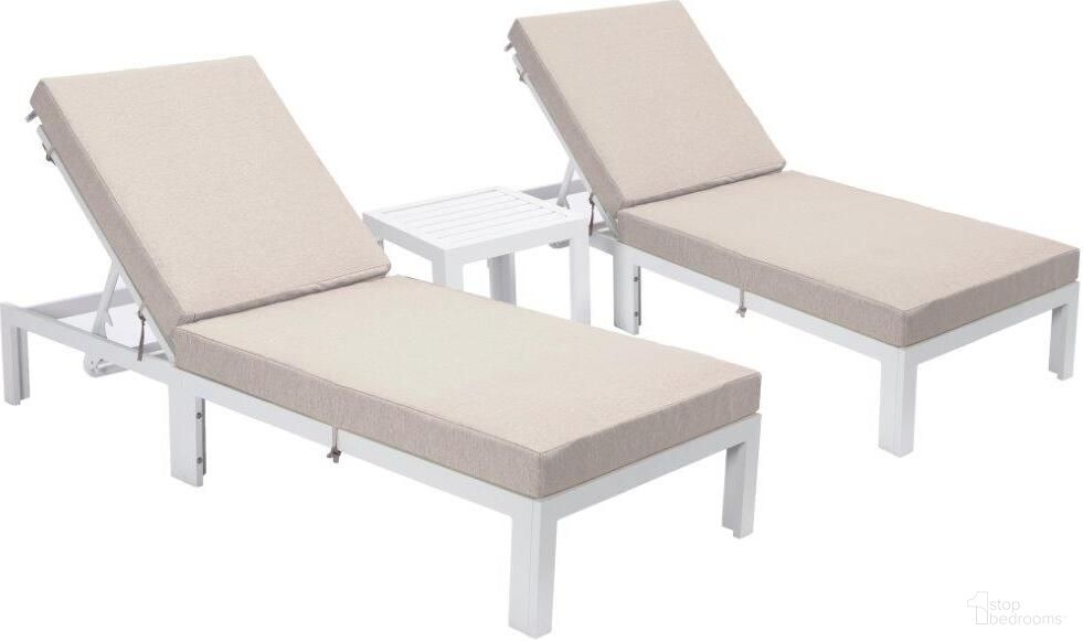 Leisuremod Chelsea Modern Outdoor White Chaise Lounge Chair Set Of 2 With Side Table And Cushions In Beige