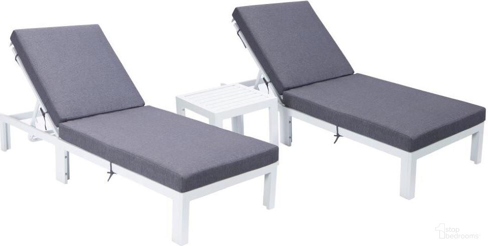 Leisuremod Chelsea Modern Outdoor White Chaise Lounge Chair Set Of 2 With Side Table And Cushions In Blue