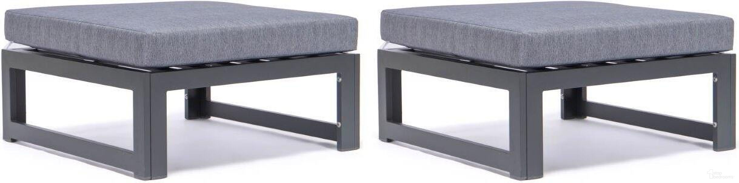 The appearance of LeisureMod Chelsea Outdoor Patio Blue Aluminum Ottomans With Cushions Set Of 2 designed by LeisureMod in the modern / contemporary interior design. This blue piece of furniture  was selected by 1StopBedrooms from Chelsea Collection to add a touch of cosiness and style into your home. Sku: CSO30BU2. Material: Aluminum.