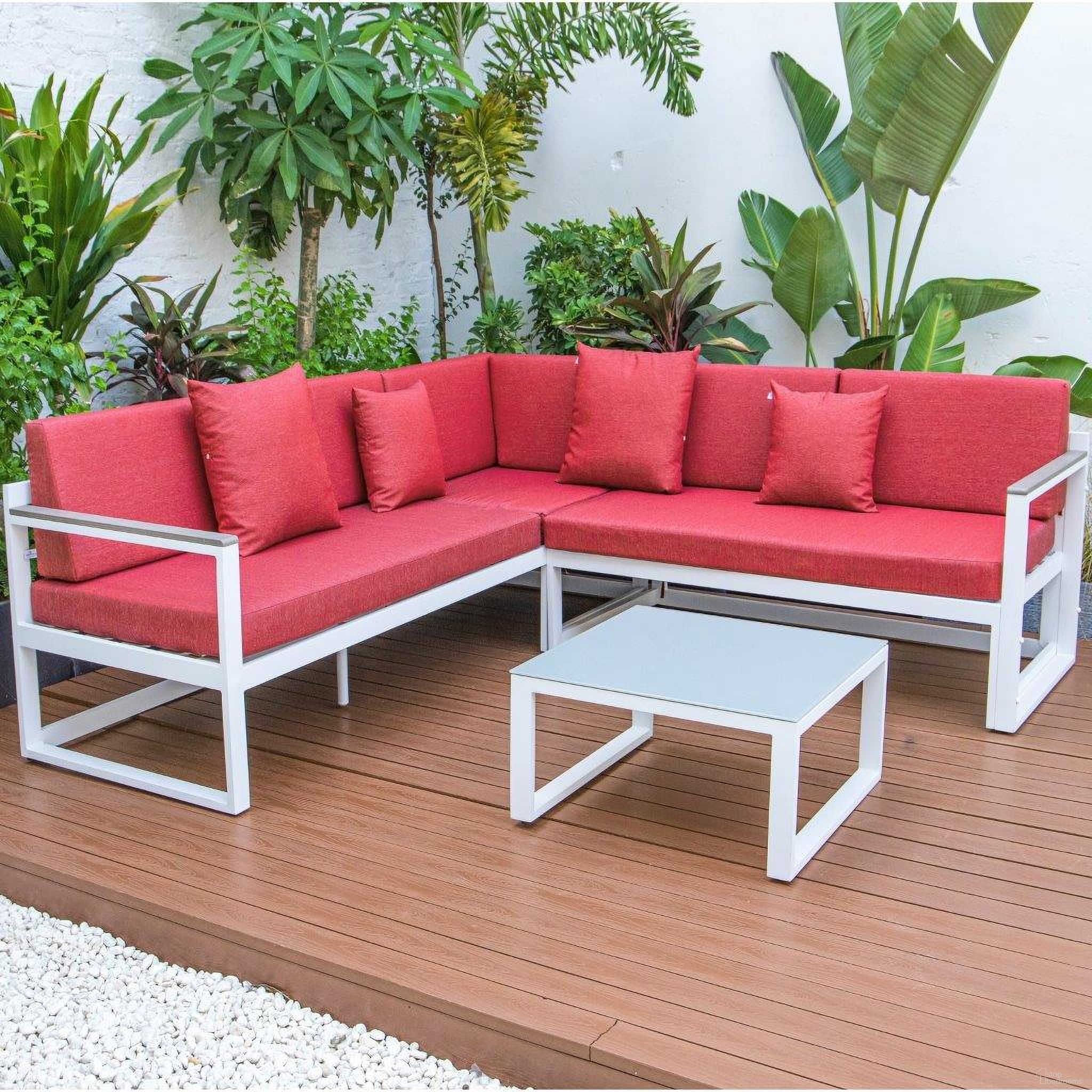 The appearance of Leisuremod Chelsea White Sectional With Adjustable Headrest And Coffee Table With Cushions In Red designed by LeisureMod in the modern / contemporary interior design. This red piece of furniture  was selected by 1StopBedrooms from Chelsea Collection to add a touch of cosiness and style into your home. Sku: CSLW-80R. Material: Aluminum.