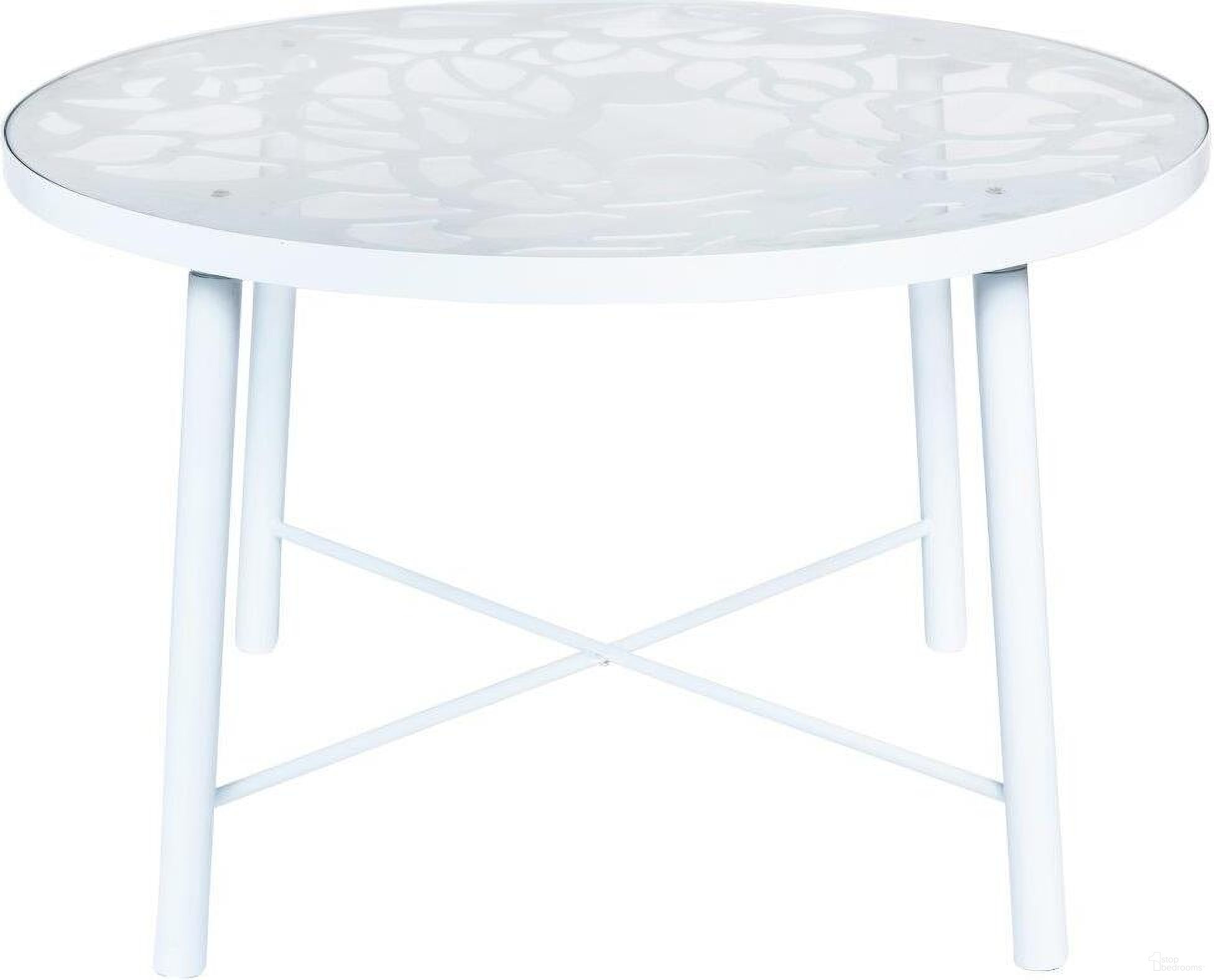 The appearance of Devon Tree Design Glass Top Aluminum Base Indoor Outdoor Dining Table In White designed by LeisureMod in the modern / contemporary interior design. This white piece of furniture was selected by 1StopBedrooms from Devon Collection to add a touch of cosiness and style into your home. Sku: DT48W. Table Top Shape: Round. Material: Aluminum.