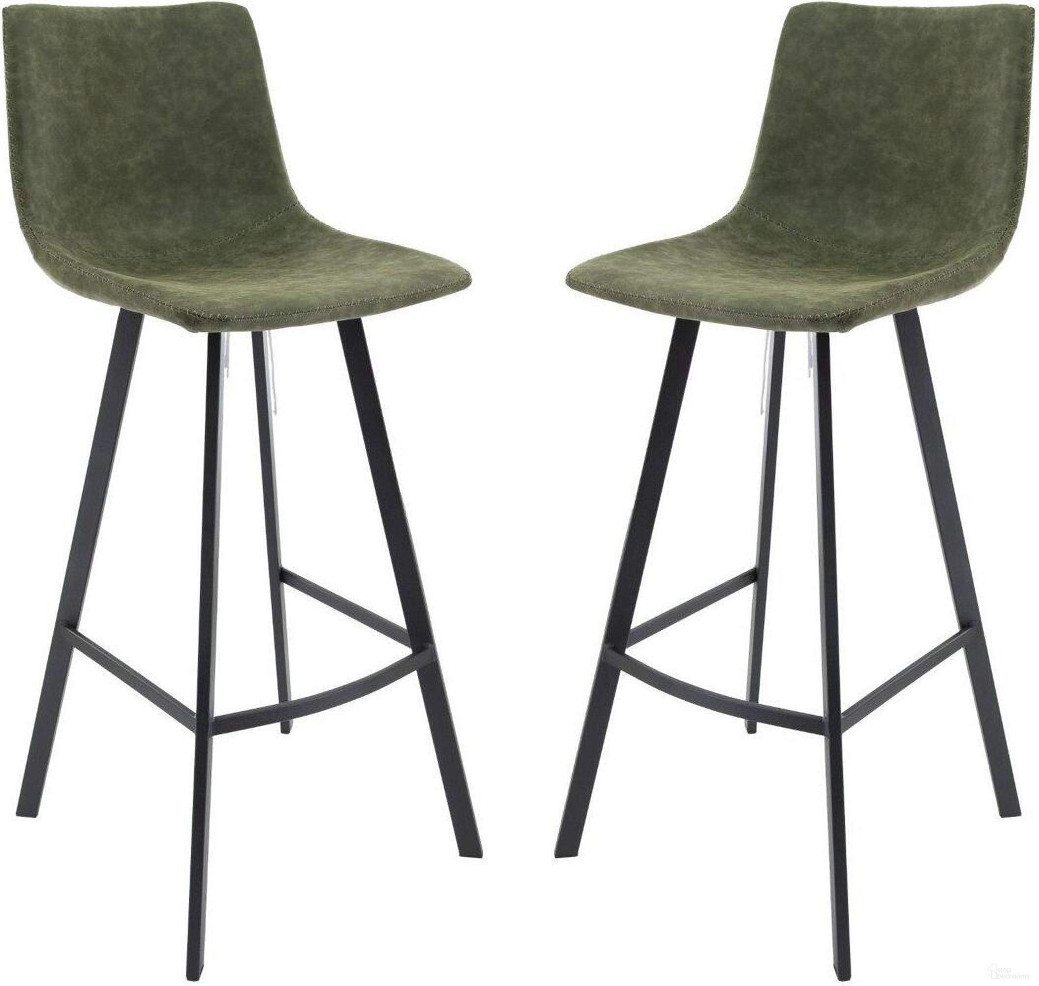 Leisuremod Elland Modern Olive Green Upholstered Leather Bar Stool Set Of 2 With Iron Legs And Footrest