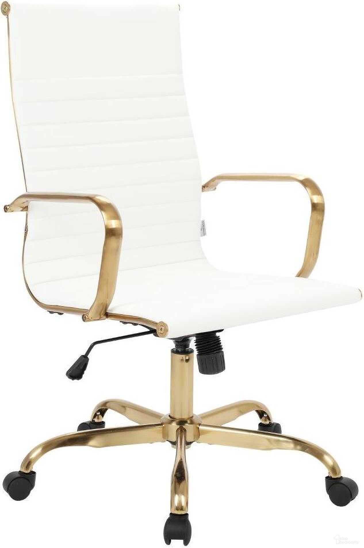 The appearance of Harris High-Back Leatherette Office Chair With Gold Frame In White designed by LeisureMod in the modern / contemporary interior design. This white piece of furniture was selected by 1StopBedrooms from Harris Collection to add a touch of cosiness and style into your home. Sku: HOTG19WL. Material: Leather.