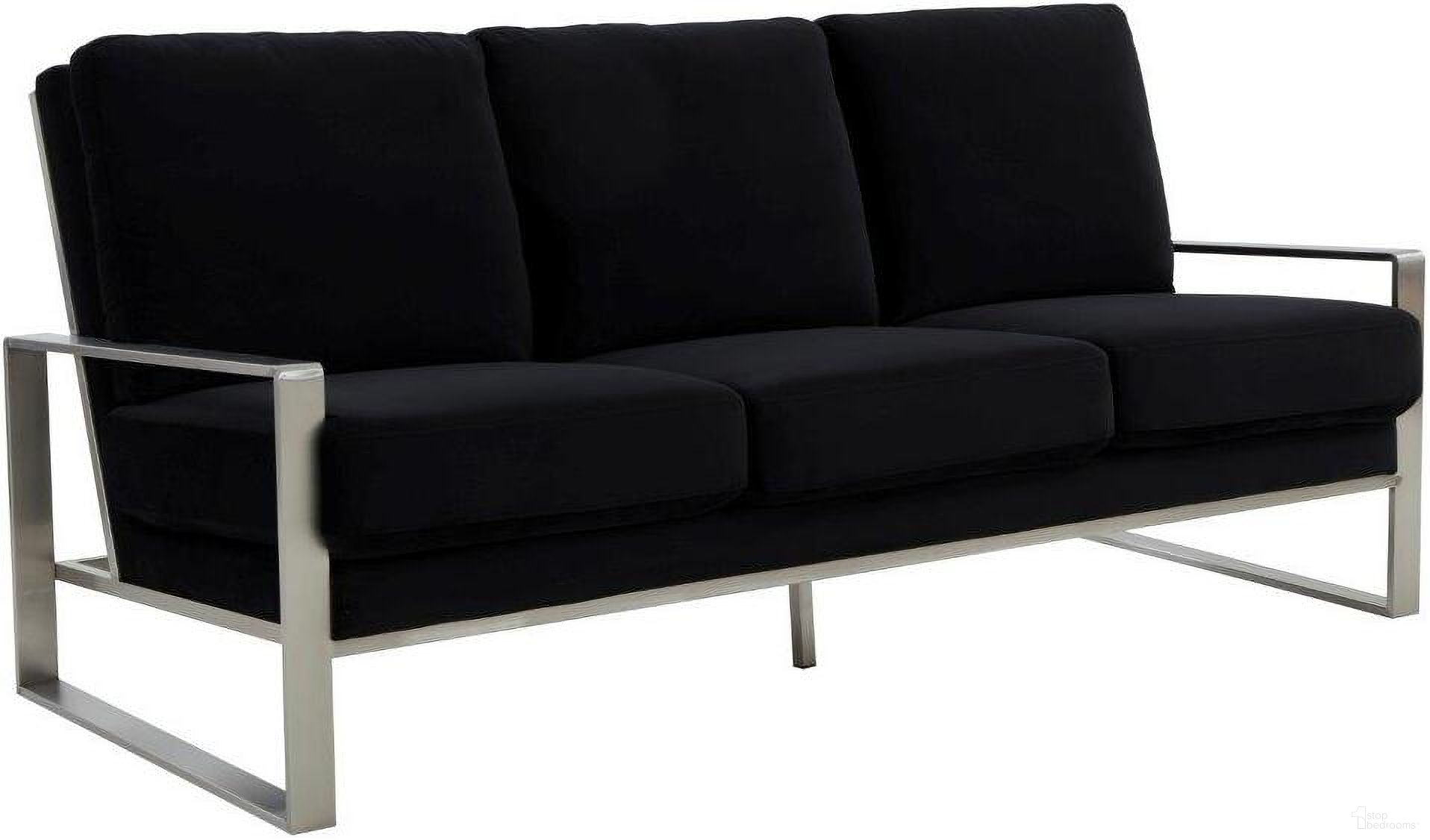 The appearance of Leisuremod Jefferson Contemporary Modern Design Velvet Sofa With Silver Frame In Black designed by LeisureMod in the modern / contemporary interior design. This black piece of furniture  was selected by 1StopBedrooms from Jefferson Collection to add a touch of cosiness and style into your home. Sku: JAS77BL. Material: Stainless Steel.