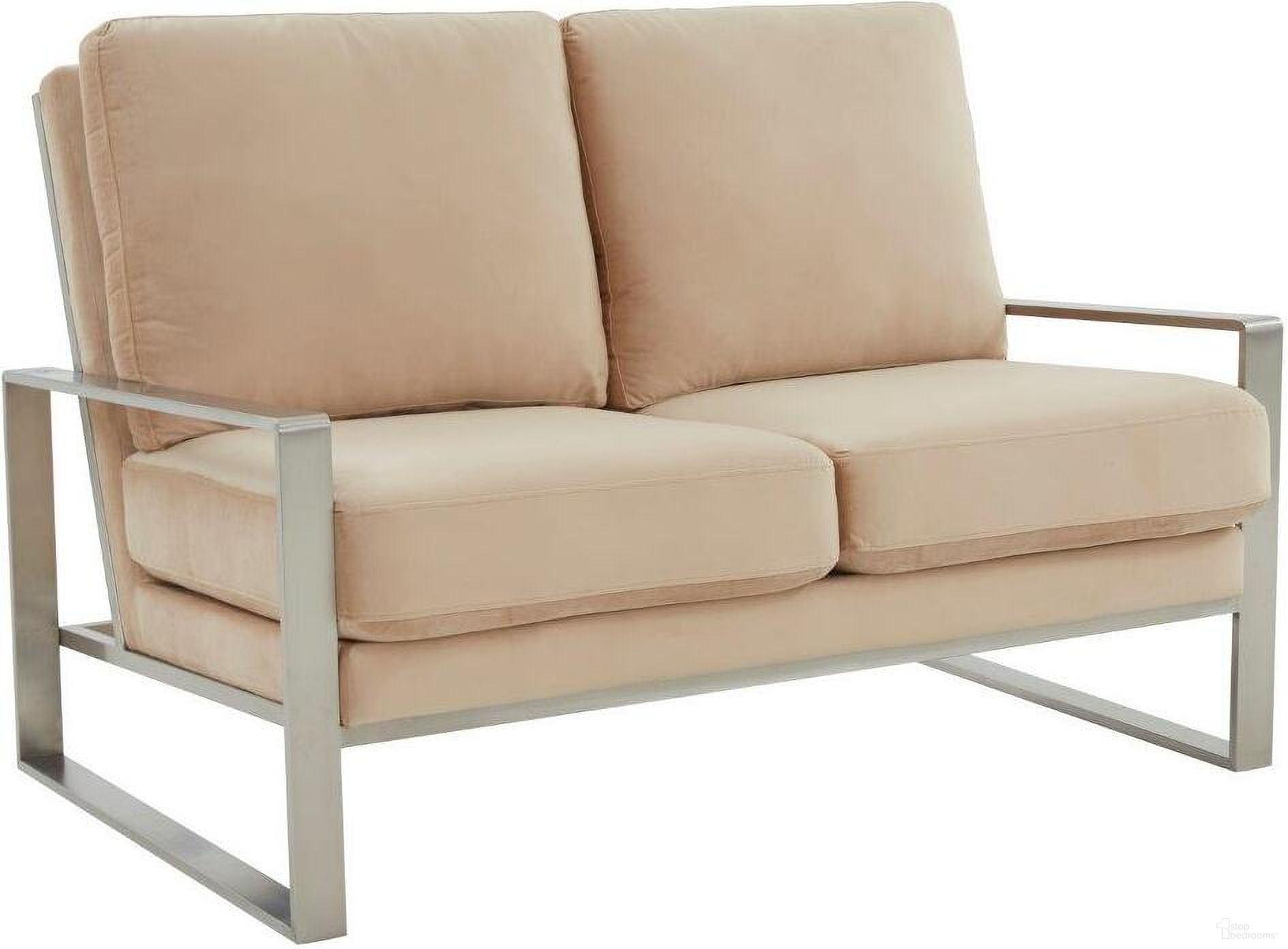 The appearance of Leisuremod Jefferson Contemporary Modern Velvet Loveseat With Silver Frame In Beige designed by LeisureMod in the modern / contemporary interior design. This beige piece of furniture  was selected by 1StopBedrooms from Jefferson Collection to add a touch of cosiness and style into your home. Sku: JAS53BG. Material: Stainless Steel.