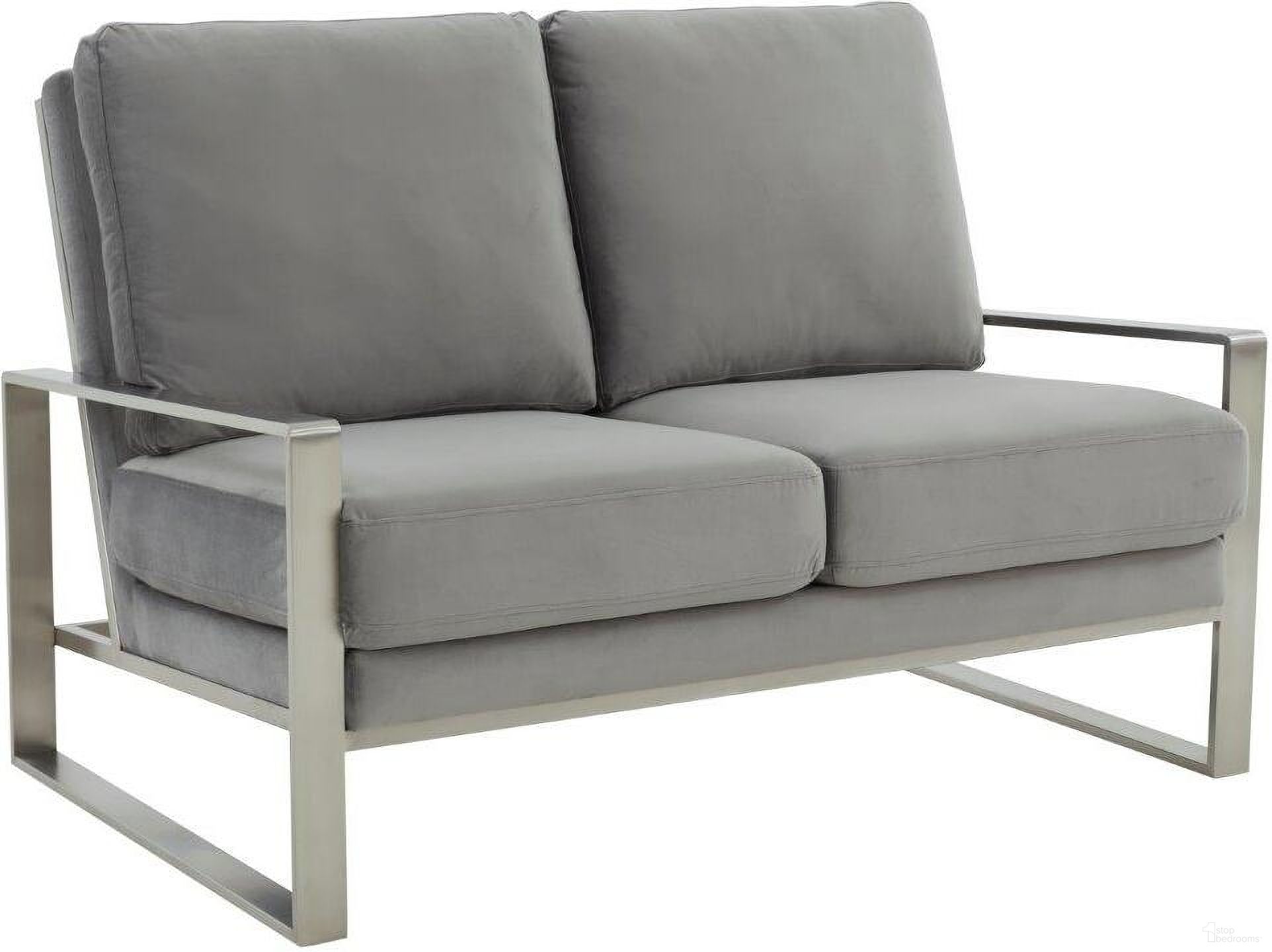 The appearance of Leisuremod Jefferson Contemporary Modern Velvet Loveseat With Silver Frame In Light Grey designed by LeisureMod in the modern / contemporary interior design. This light grey piece of furniture  was selected by 1StopBedrooms from Jefferson Collection to add a touch of cosiness and style into your home. Sku: JAS53LGR. Material: Stainless Steel.