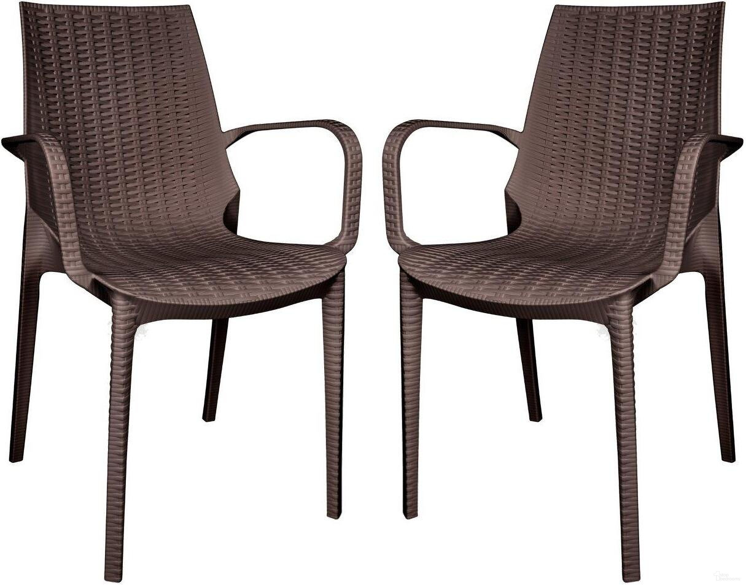 The appearance of Kent Outdoor Dining Arm Chair Set of 2 In Brown designed by LeisureMod in the modern / contemporary interior design. This brown piece of furniture was selected by 1StopBedrooms from Kent Collection to add a touch of cosiness and style into your home. Sku: KCA21BR2. Material: Plastic. Chair Type: Arm Chair.