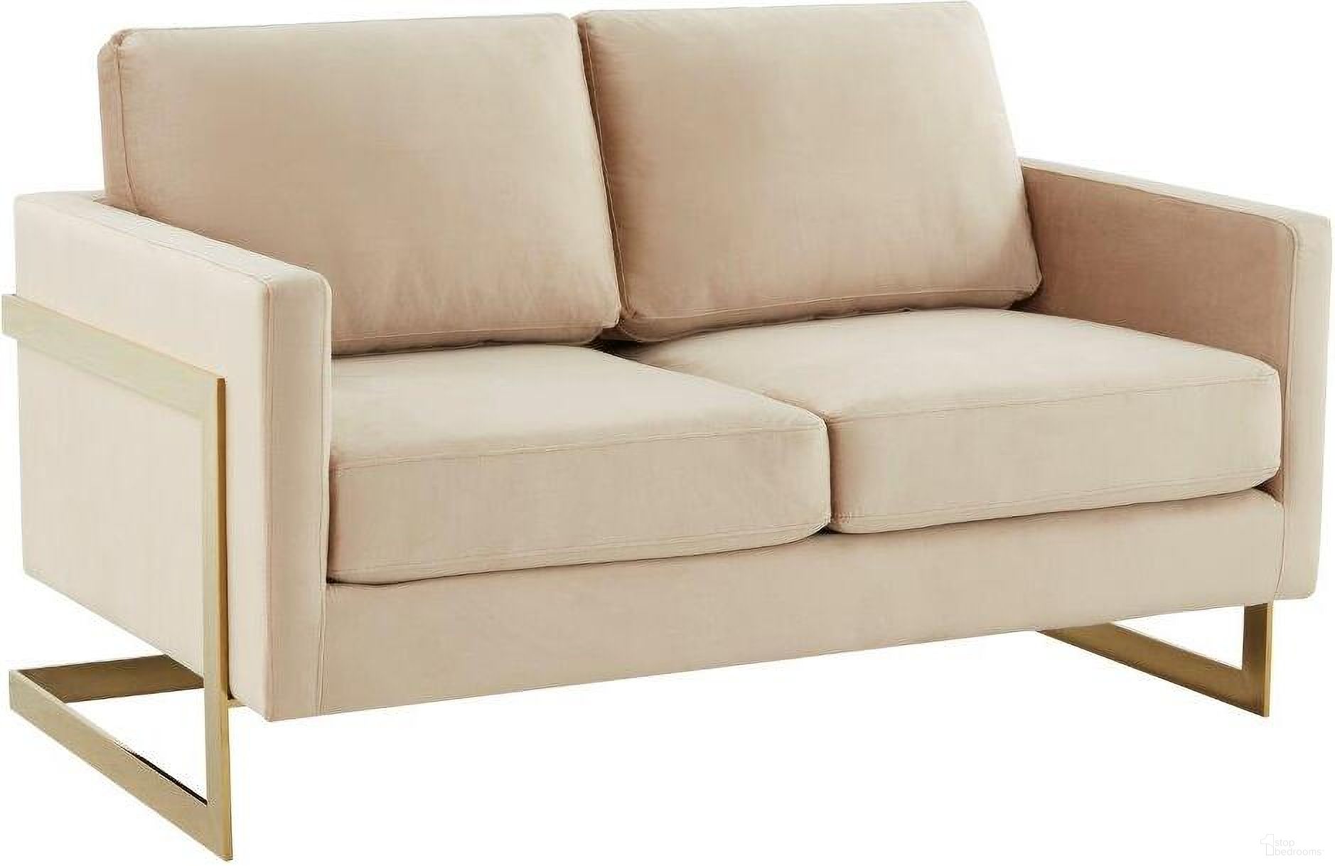 The appearance of LeisureMod Lincoln Beige Modern Mid-Century Upholstered Velvet Loveseat with Gold Frame designed by LeisureMod in the modern / contemporary interior design. This beige piece of furniture was selected by 1StopBedrooms from Lincoln Collection to add a touch of cosiness and style into your home. Sku: LA55BG. Material: Velvet.