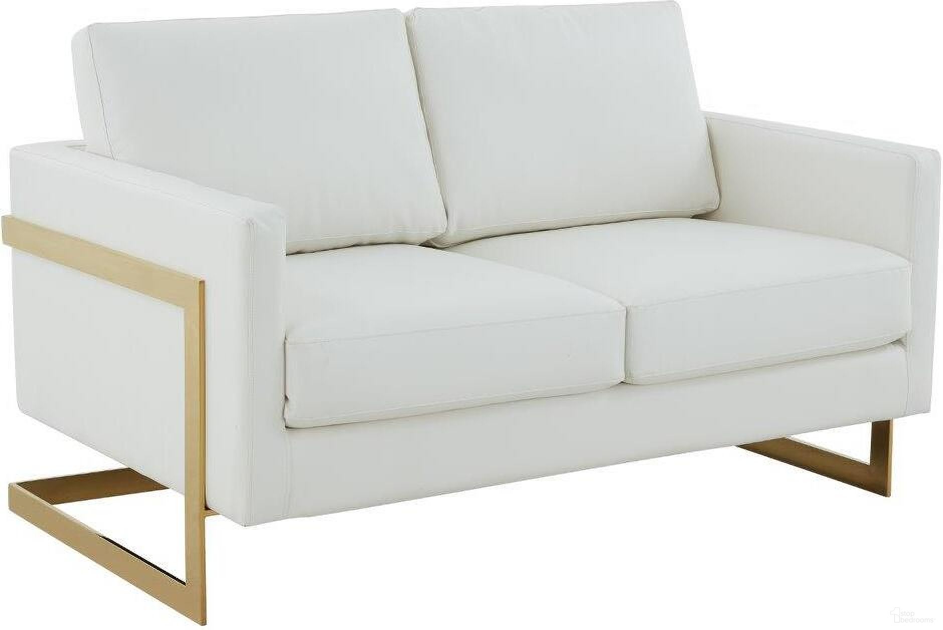 LeisureMod Lincoln White Modern Mid-Century Upholstered Leather Loveseat with Gold Frame