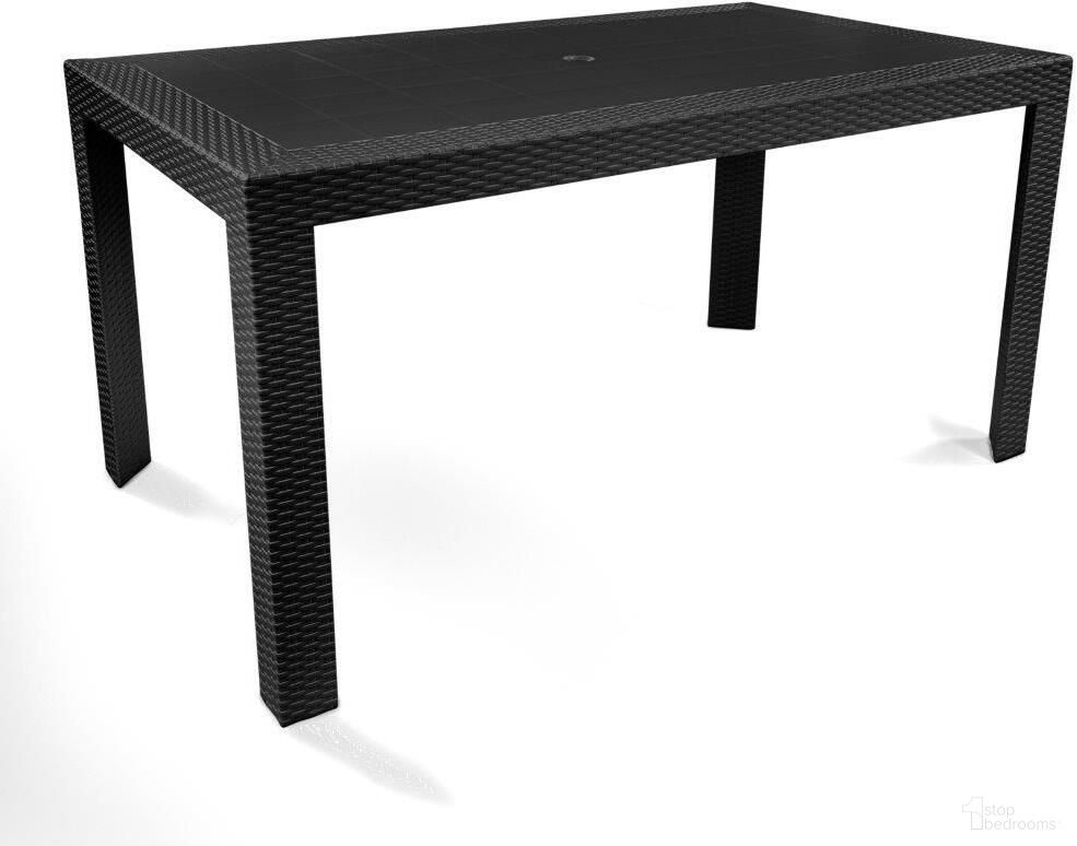 The appearance of Mace Weave Design Outdoor Dining Table In Black designed by LeisureMod in the modern / contemporary interior design. This black piece of furniture was selected by 1StopBedrooms from Mace Collection to add a touch of cosiness and style into your home. Sku: MT55BL. Table Top Shape: Rectangular. Material: Plastic.