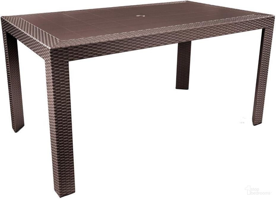 The appearance of LeisureMod Mace Weave Design Outdoor Dining Table MT55BR designed by LeisureMod in the modern / contemporary interior design. This brown piece of furniture was selected by 1StopBedrooms from Mace Collection to add a touch of cosiness and style into your home. Sku: MT55BR. Table Top Shape: Rectangular. Material: Plastic.