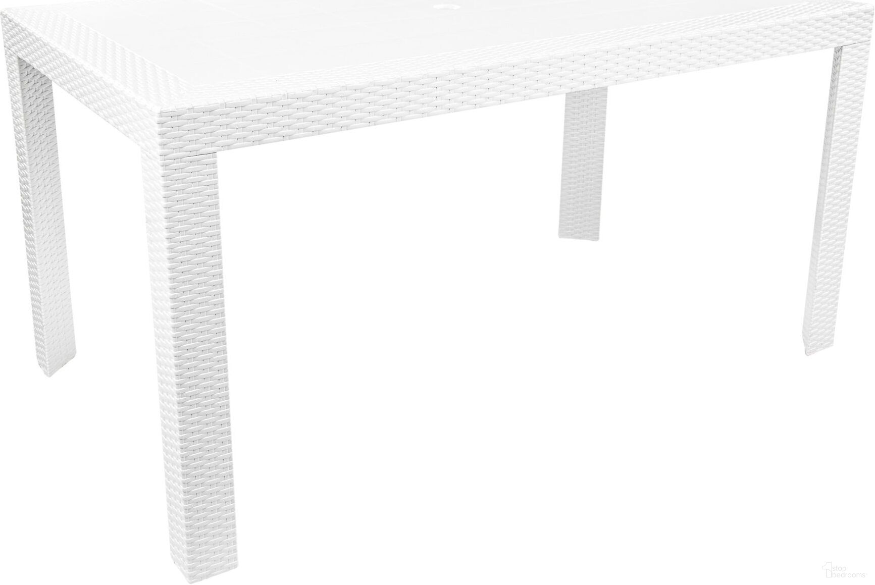 The appearance of Mace Weave Design Outdoor Dining Table In White designed by LeisureMod in the modern / contemporary interior design. This white piece of furniture was selected by 1StopBedrooms from Mace Collection to add a touch of cosiness and style into your home. Sku: MT55W. Table Top Shape: Rectangular. Material: Plastic.