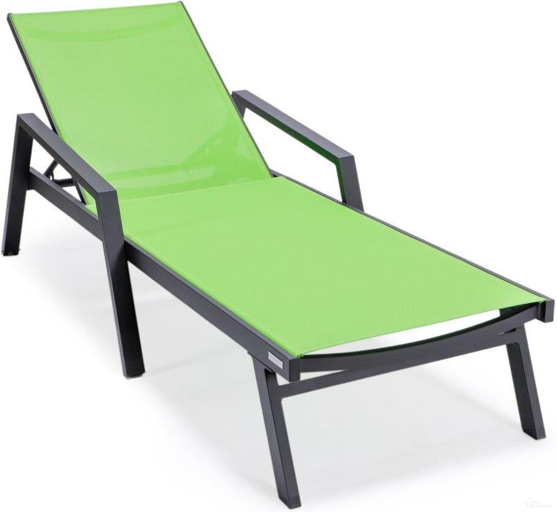 The appearance of Leisuremod Marlin Patio Chaise Lounge Chair With Armrests In Black Aluminum Frame In Green designed by LeisureMod in the modern / contemporary interior design. This green piece of furniture was selected by 1StopBedrooms from Marlin Collection to add a touch of cosiness and style into your home. Sku: MLABL-77G. Material: Aluminum.