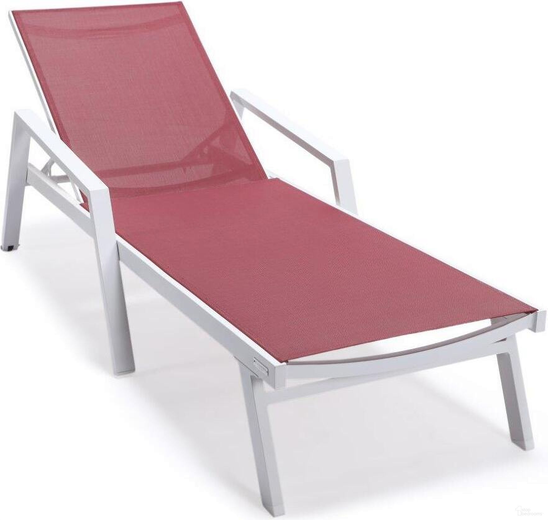 The appearance of Leisuremod Marlin Patio Chaise Lounge Chair With Armrests In White Aluminum Frame In Burgundy designed by LeisureMod in the modern / contemporary interior design. This burgundy piece of furniture  was selected by 1StopBedrooms from Marlin Collection to add a touch of cosiness and style into your home. Sku: MLAW-77BRG. Material: Aluminum.