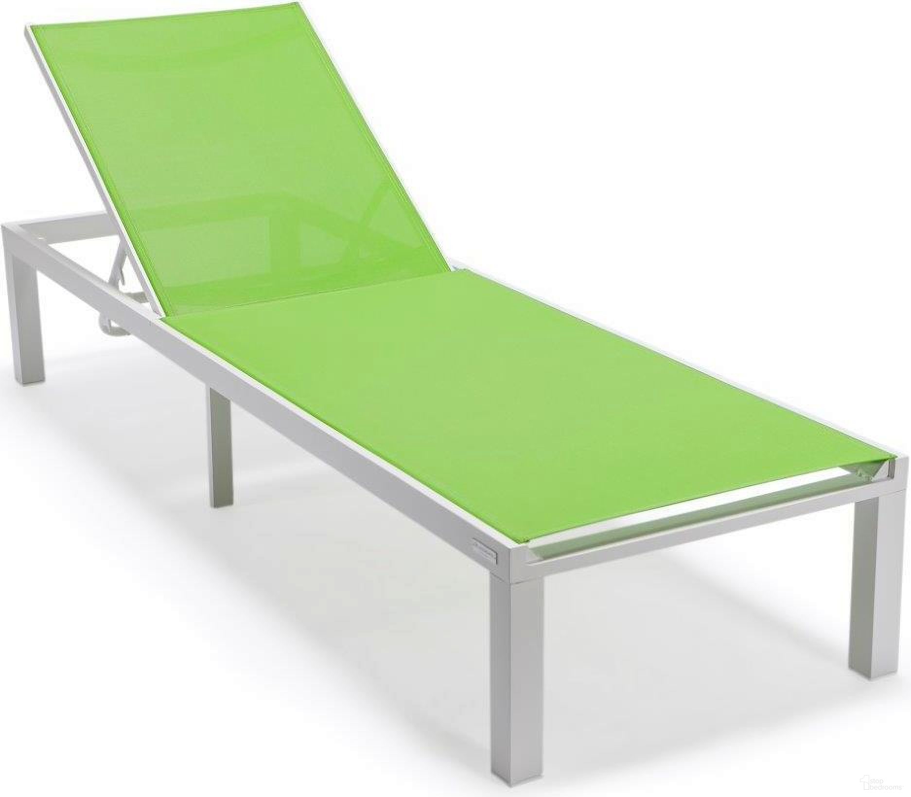 The appearance of Leisuremod Marlin Patio Chaise Lounge Chair With White Aluminum Frame In Green designed by LeisureMod in the modern / contemporary interior design. This green piece of furniture was selected by 1StopBedrooms from Marlin Collection to add a touch of cosiness and style into your home. Sku: MLW-77G. Material: Aluminum.