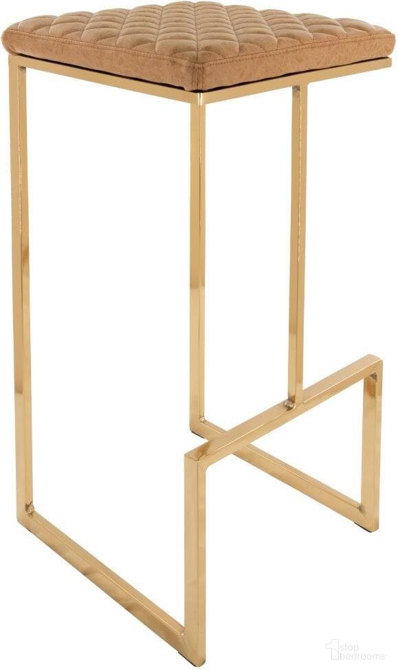 The appearance of LeisureMod Quincy Quilted Stitched Leather Bar Stools With Gold Metal Frame In Light Brown designed by LeisureMod in the modern / contemporary interior design. This light brown piece of furniture was selected by 1StopBedrooms from Quincy Collection to add a touch of cosiness and style into your home. Sku: QSG29BR. Material: Metal.