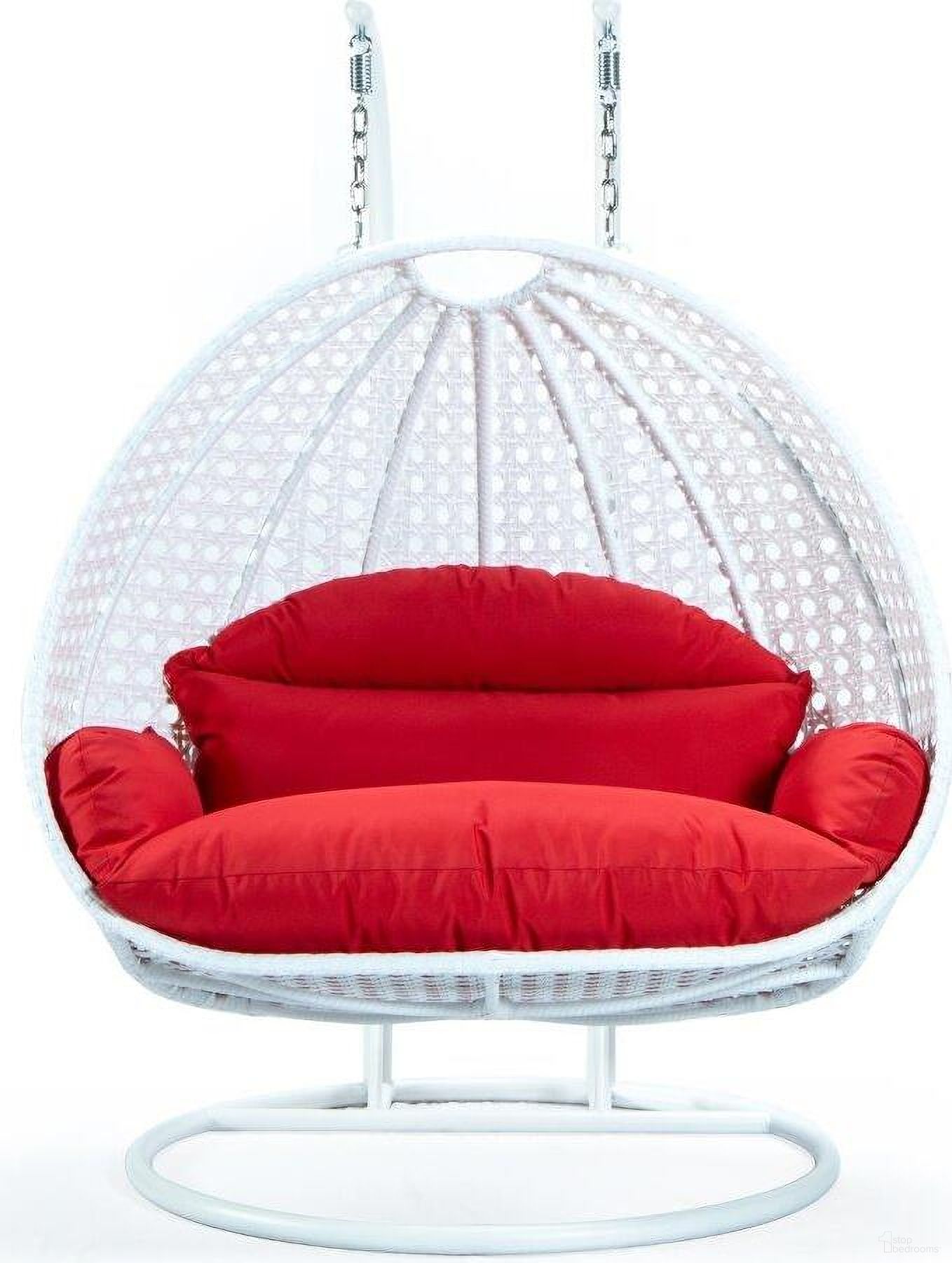 The appearance of Red Wicker Hanging 2 Person Egg Swing Chair In Red/White designed by LeisureMod in the modern / contemporary interior design. This red piece of furniture  was selected by 1StopBedrooms from  to add a touch of cosiness and style into your home. Sku: ESCW-57R. Material: Wicker.
