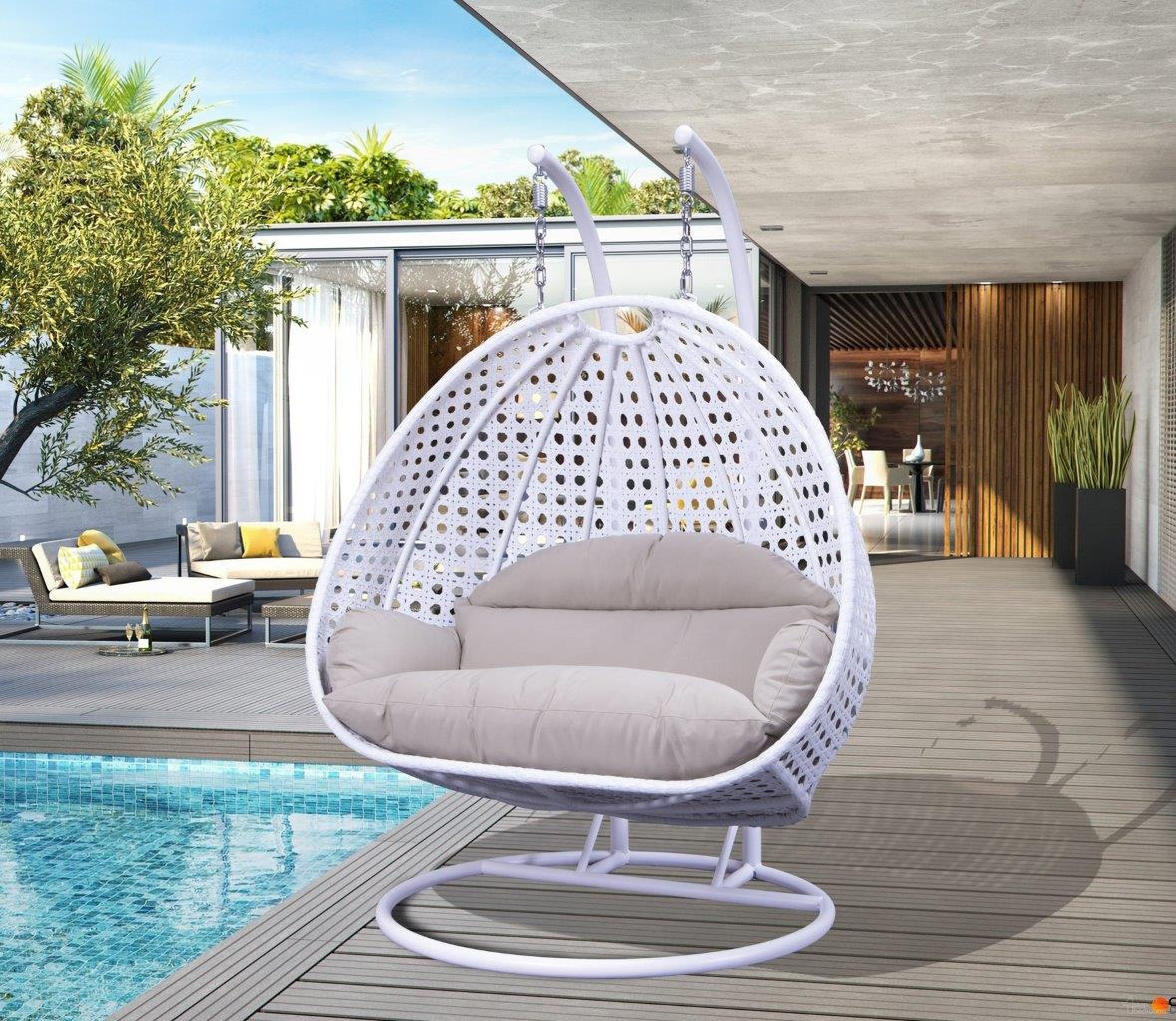 The appearance of LeisureMod White and Taupe Wicker Hanging 2 person Egg Swing Chair designed by LeisureMod in the modern / contemporary interior design. This white and taupe piece of furniture was selected by 1StopBedrooms from to add a touch of cosiness and style into your home. Sku: ESC57WBG. Material: Wicker.