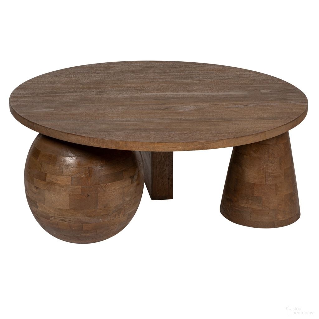 Lennox Round Mango Wood Coffee Table with Ball and Beam Base In Walnut
