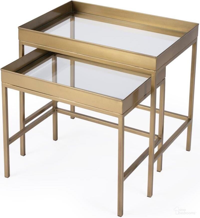 The appearance of Lenny Gold 2 Piece Glass Nesting Tables designed by Butler Specialty Company in the modern / contemporary interior design. This gold piece of furniture  was selected by 1StopBedrooms from Lenny Collection to add a touch of cosiness and style into your home. Sku: 5636226. Material: Stainless Steel.