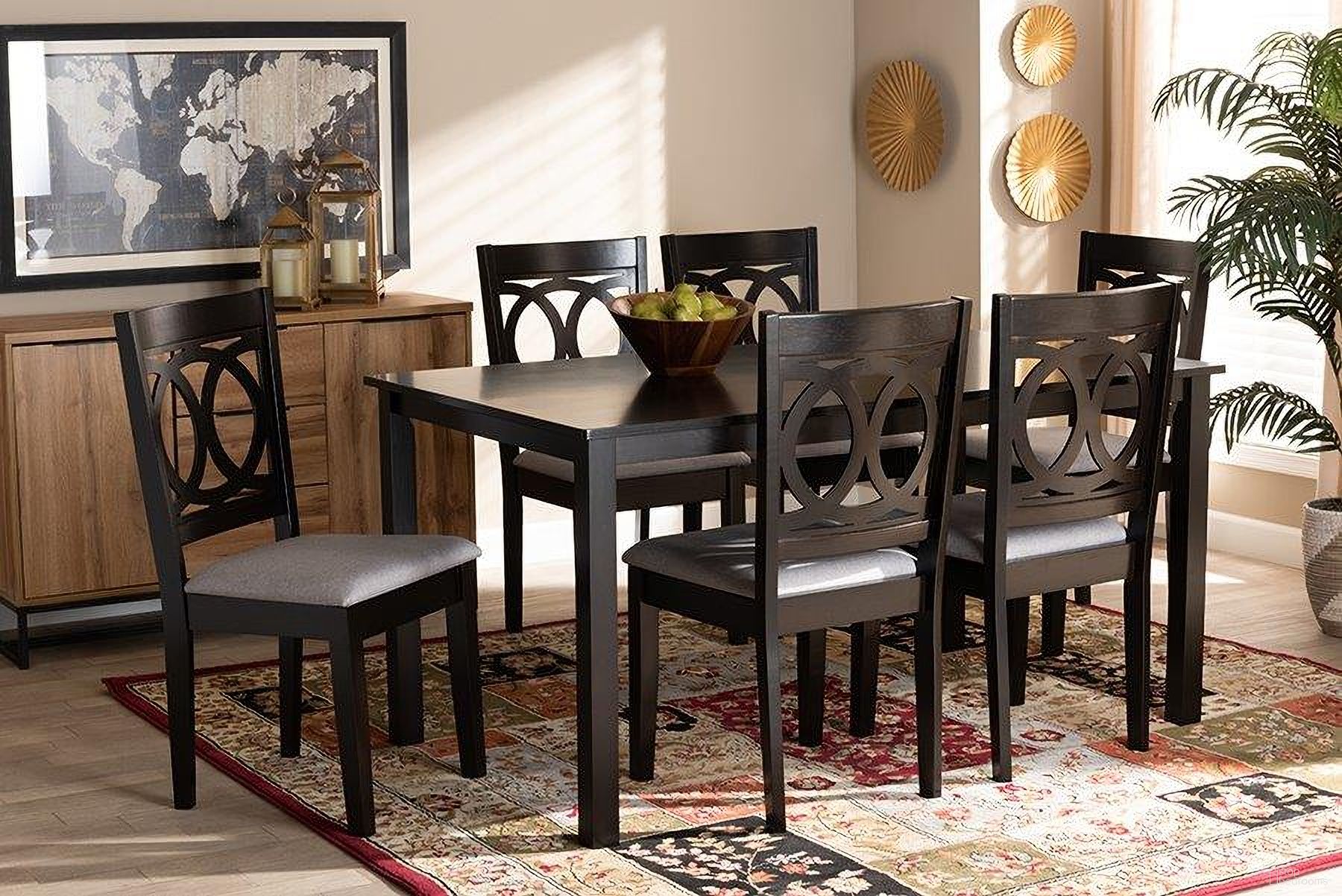 The appearance of Lenoir Modern And Contemporary Grey Fabric Upholstered Espresso Brown Finished Wood 7-Piece Dining Set designed by Baxton Studio in the modern / contemporary interior design. This grey piece of furniture was selected by 1StopBedrooms from Lenoir Collection to add a touch of cosiness and style into your home. Sku: RH315C-Grey/Dark Brown-7PC Dining Set. Material: MDF.